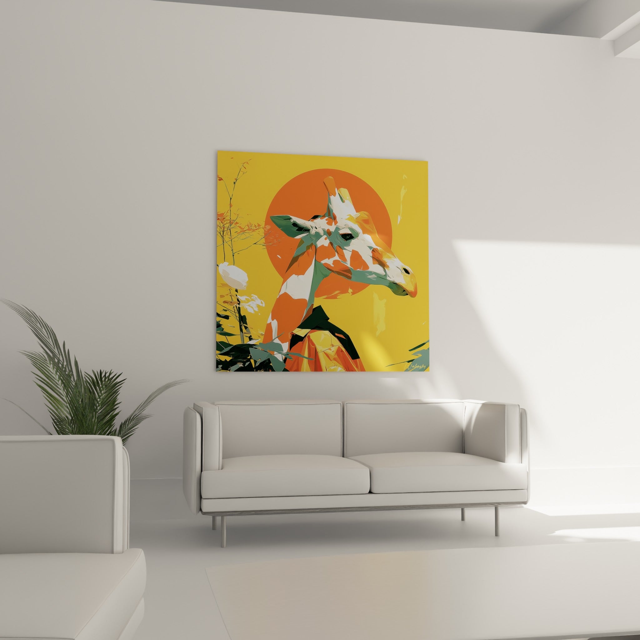 Tête de girafe aux tons orange et vert sauge sur fond solaire, au-dessus d'un canapé dans un salon lumineux