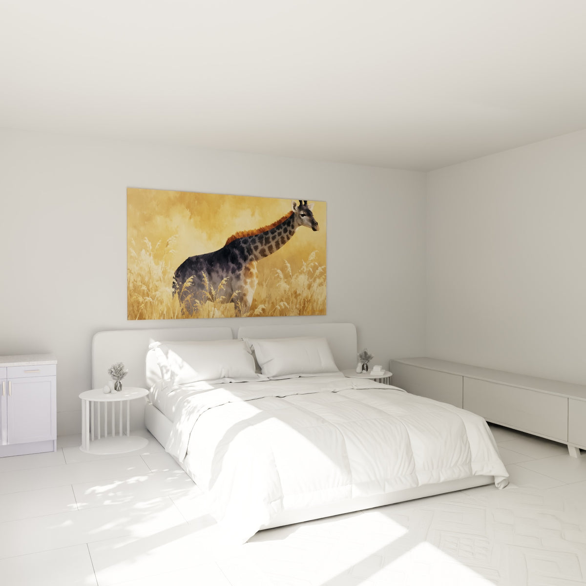 Girafe fauve et anthracite dans les hautes herbes dorées, au-dessus d'un lit dans une chambre claire.