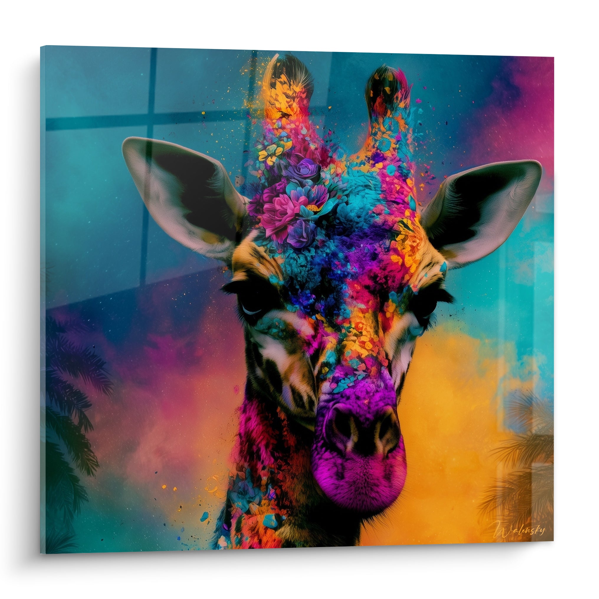 Girafe au museau fuchsia et fleurs violettes turquoise, fond bleu et orange éclaté