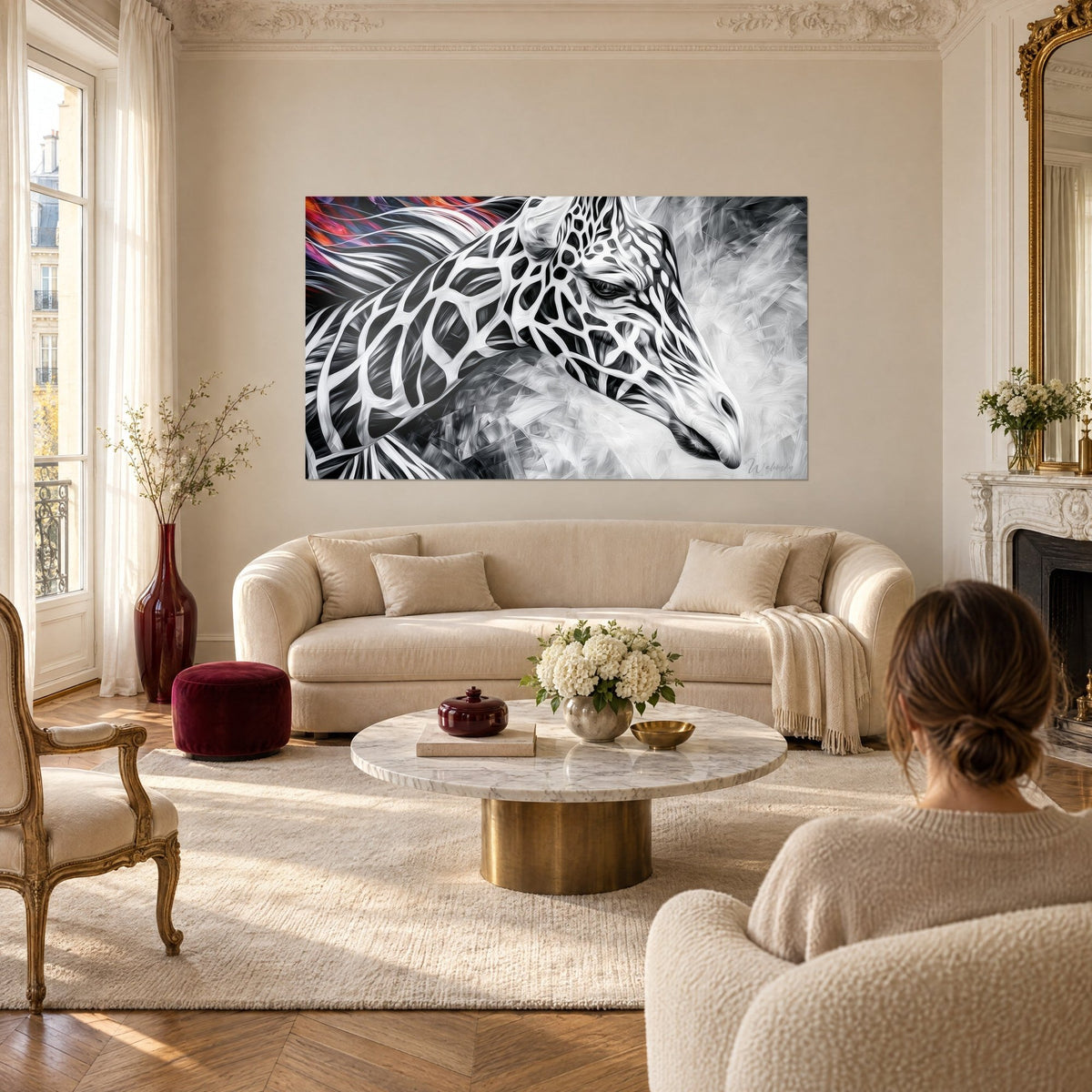 Gemälde Giraffe mit weiß-schwarzem Fell und netzartigem Fleckenmuster, rote und violette Mähne, über einem Sofa in einem hellen Wohnzimmer