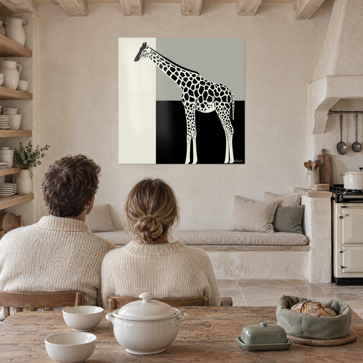 Wall art minimalist portrait of an ivory giraffe speckled with black, on an ash grey and black background, facing a stone table
