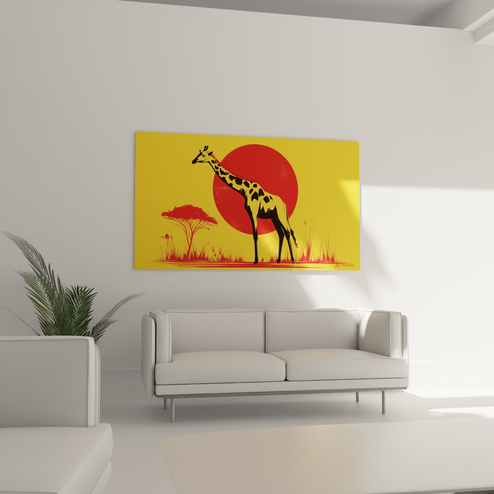 Cou allongé de la girafe noire sur fond jaune éclatant, disposé au-dessus d'un canapé dans un salon lumineux