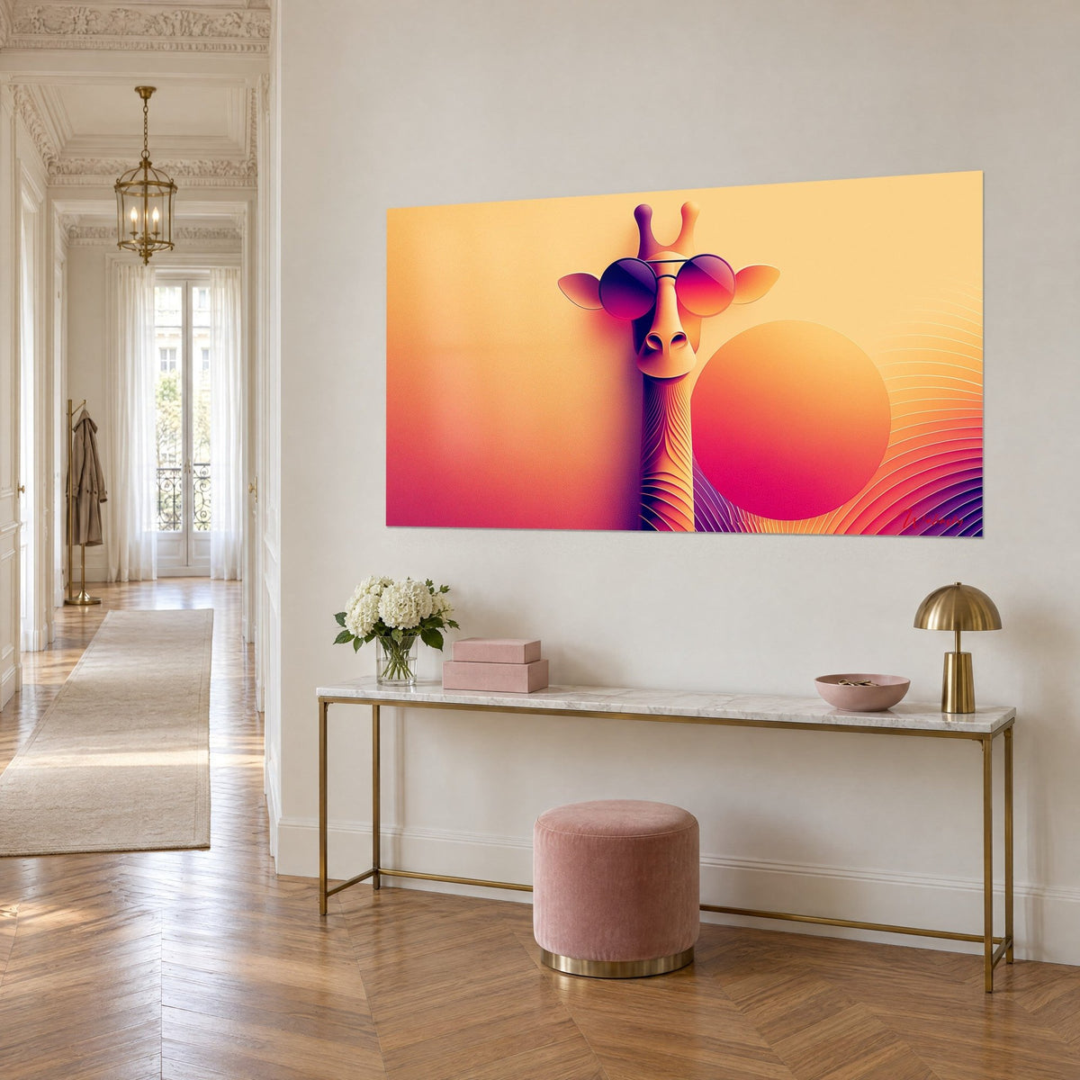 Quadro lungo collo di giraffa color ocra con lenti viola e rosa, disco solare pesca, visto di tre quarti sopra una consolle dorata