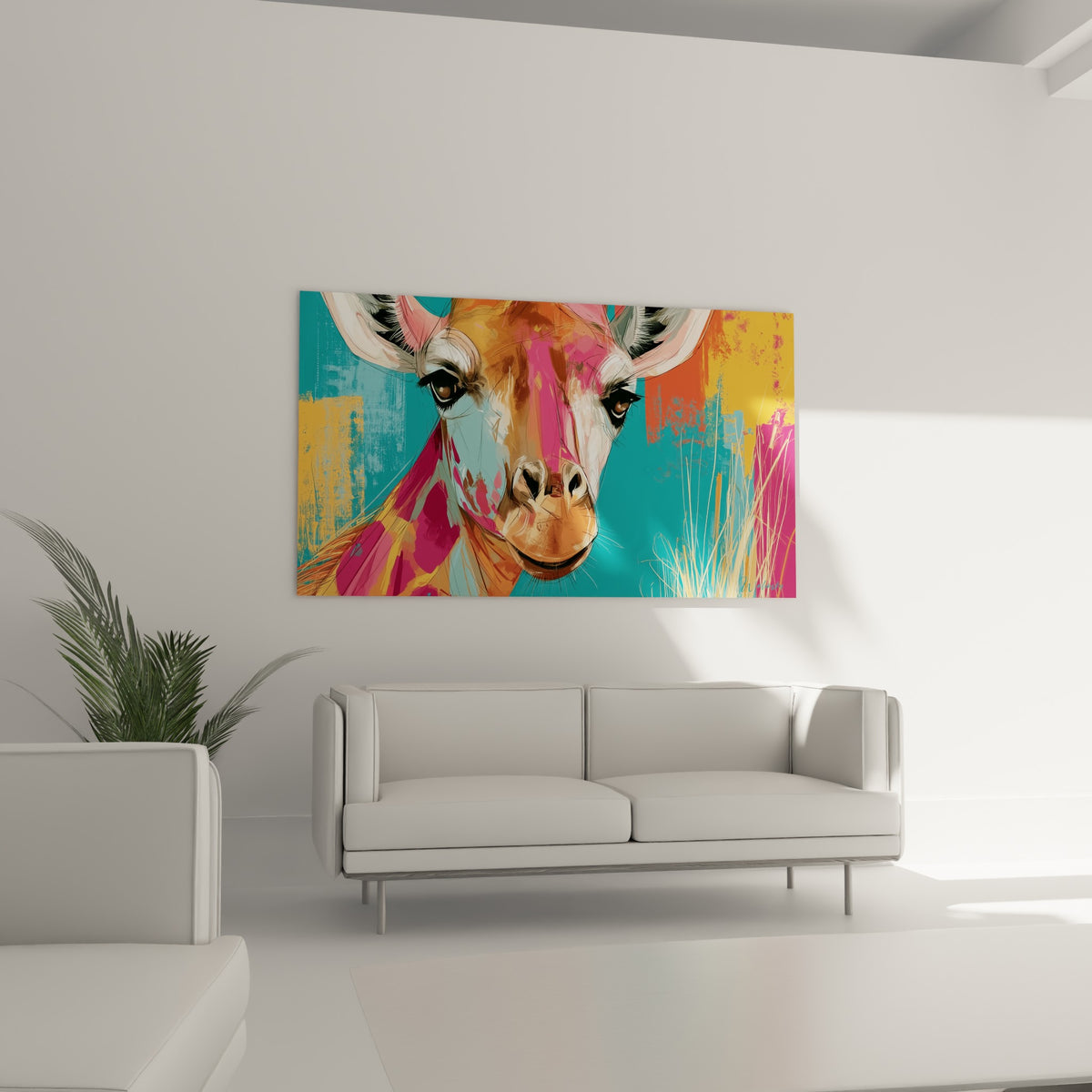 Portrait de girafe rose et jaune moutarde suspendu au-dessus d'un canapé dans un salon lumineux