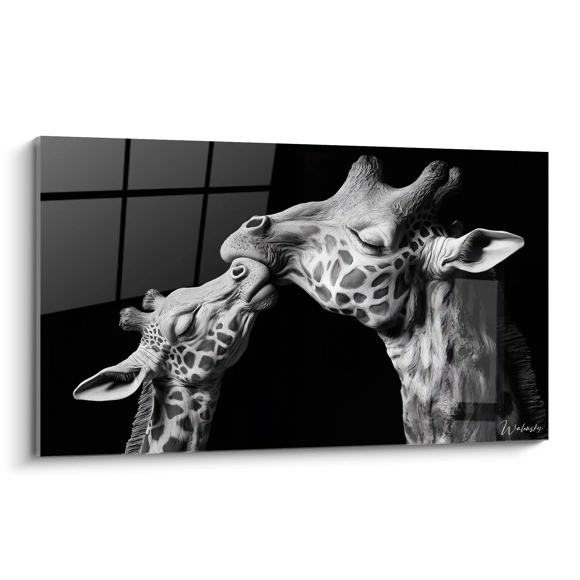Tableau girafe Walensky représentant deux girafes s'embrassant en noir et blanc