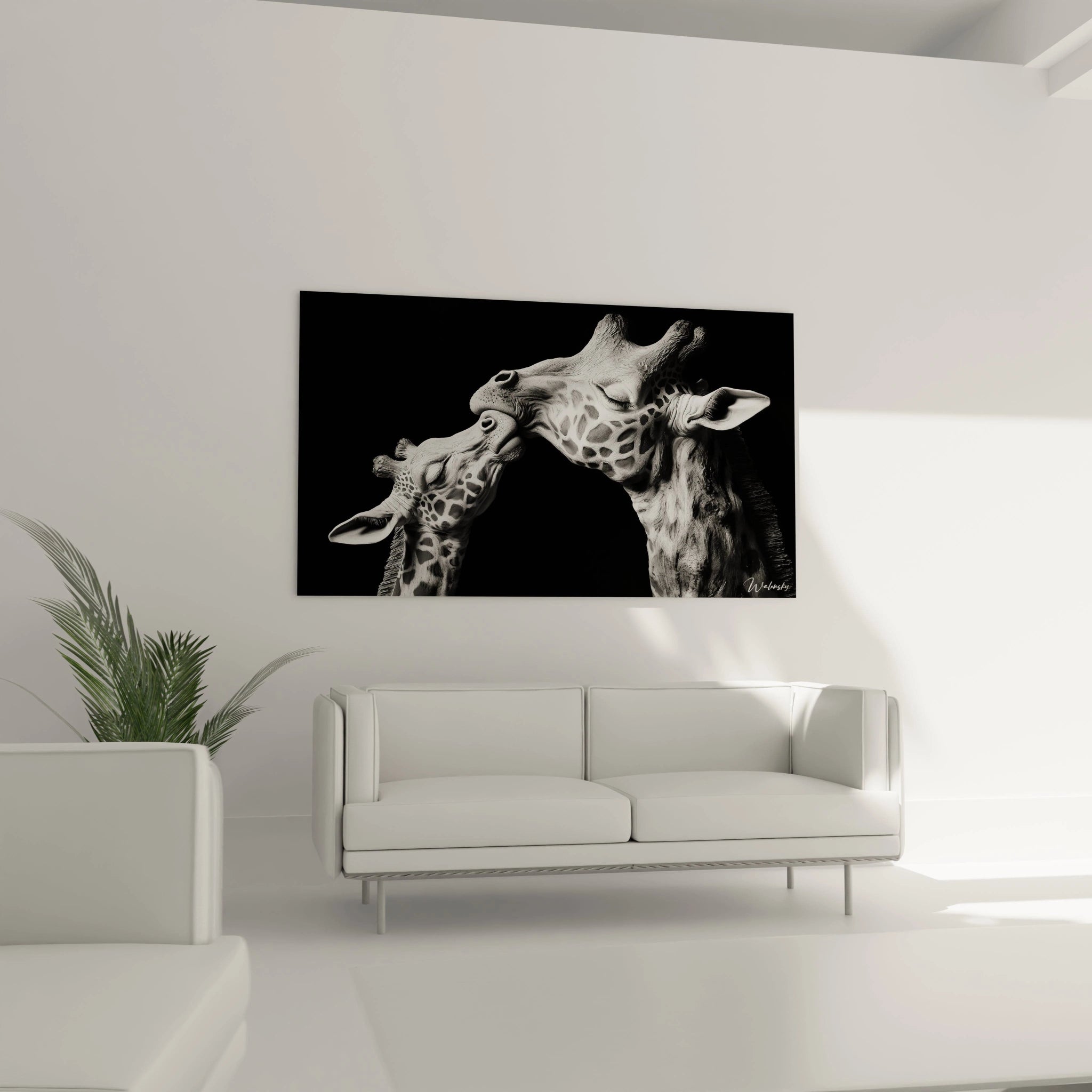 Tableau girafe Walensky représentant deux girafes s'embrassant sur fond noir et blanc