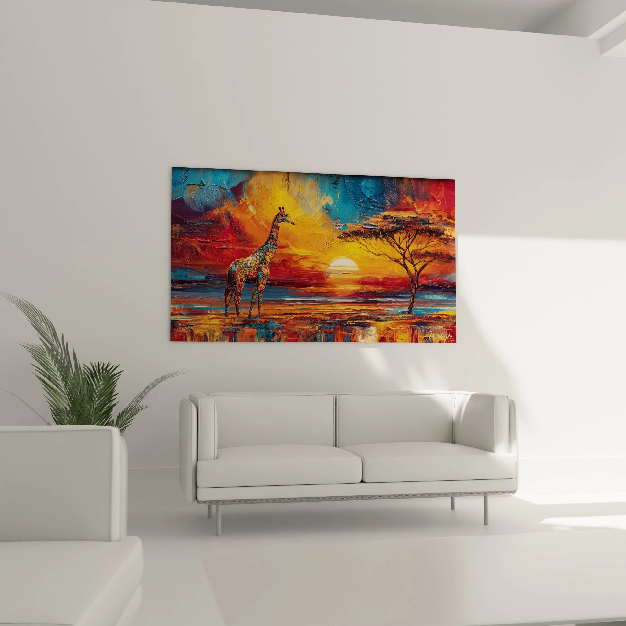 Tableau mural girafe africain de Walensky avec un coucher de soleil vibrant et un arbre solitaire