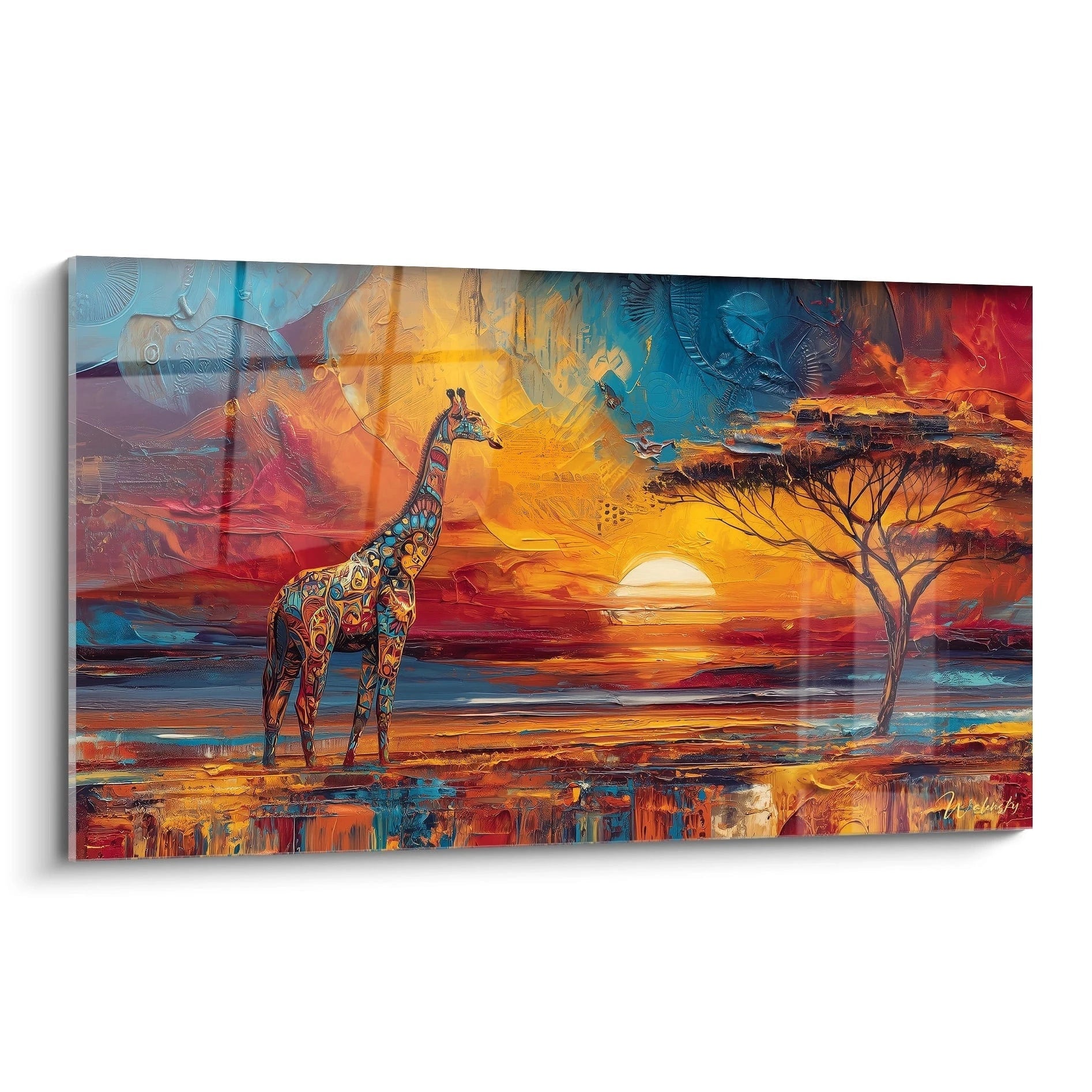 Tableau mural girafe africain coloré au coucher de soleil avec un arbre dans le paysage