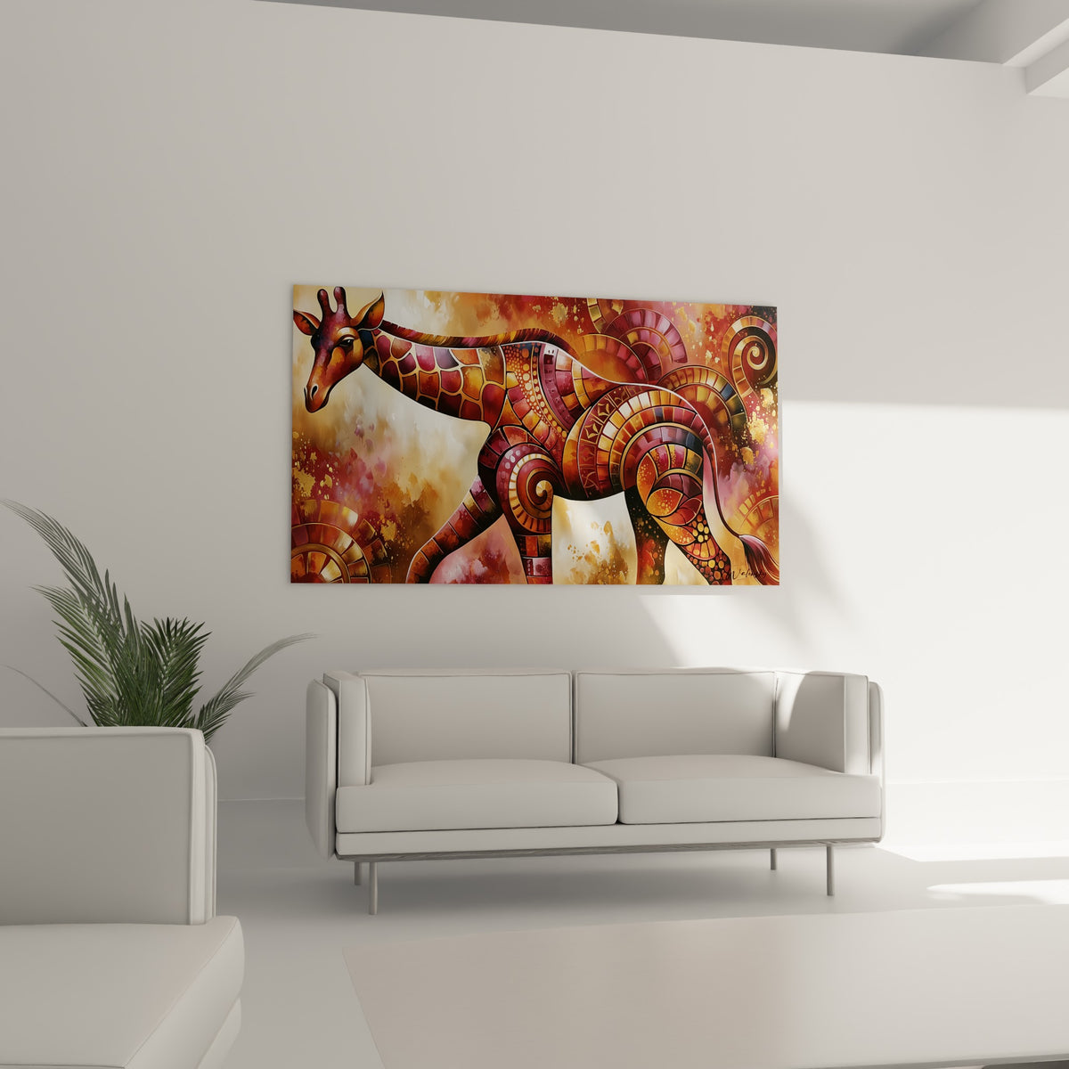 Spirales cuivrées et roses habillent cette girafe raffinée au-dessus d'un canapé dans un salon lumineux