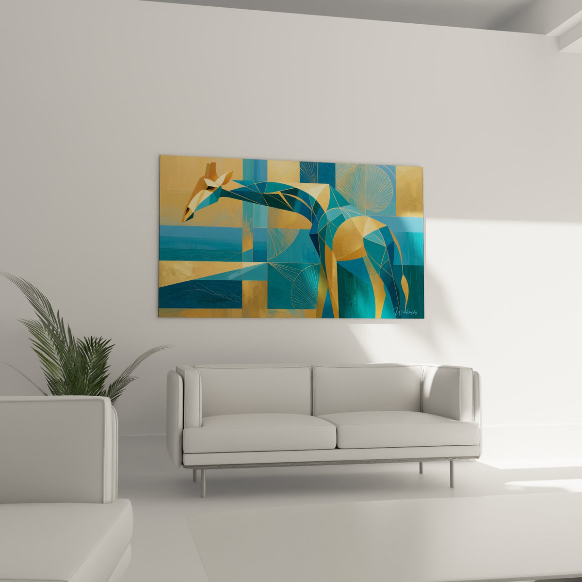 Girafe stylisée aux tons turquoise et ambrés, composition graphique, au-dessus d'un canapé dans un salon lumineux