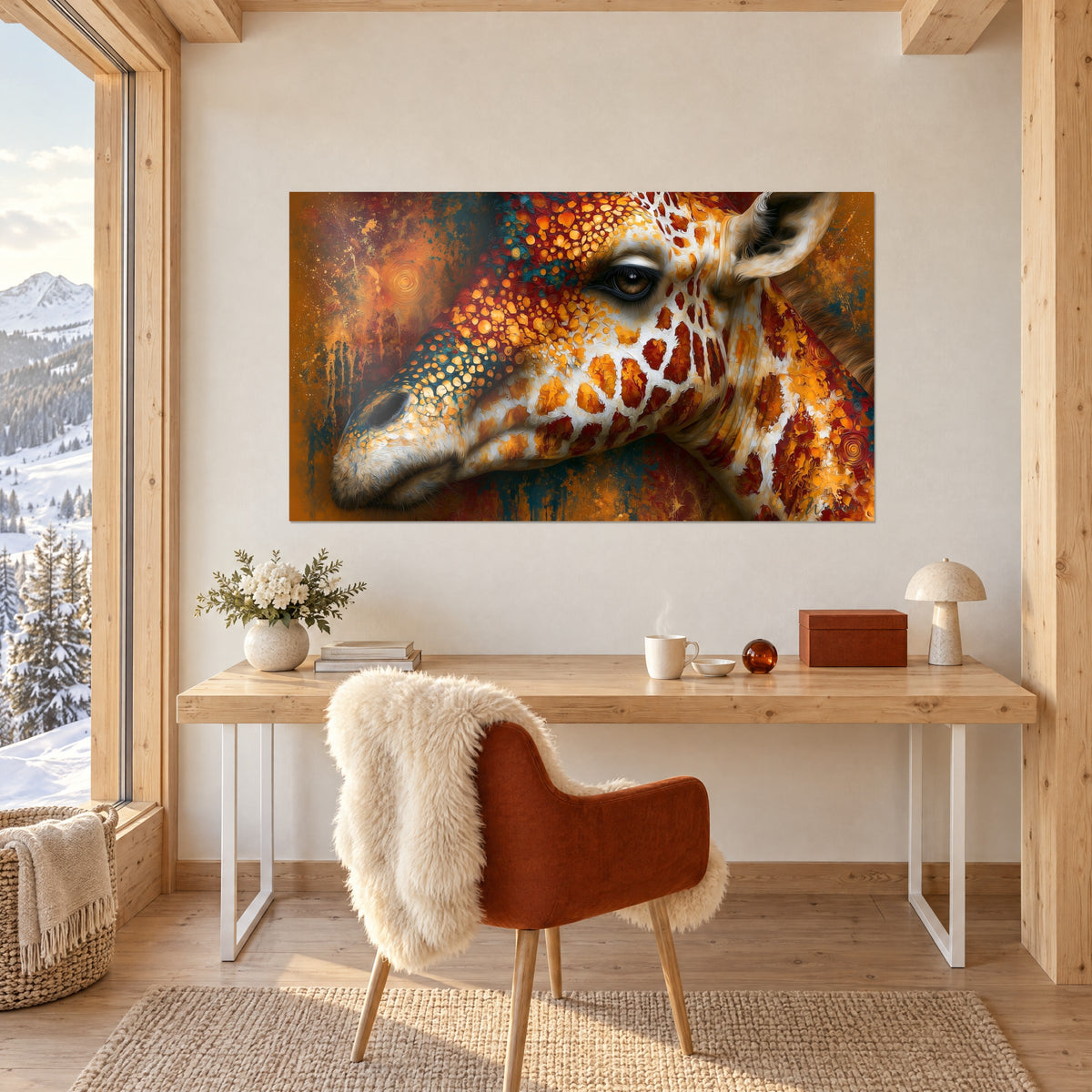 Quadro sguardo di giraffa con motivi rosso sangue e giallo miele, appeso sopra una scrivania in legno chiaro in uno chalet