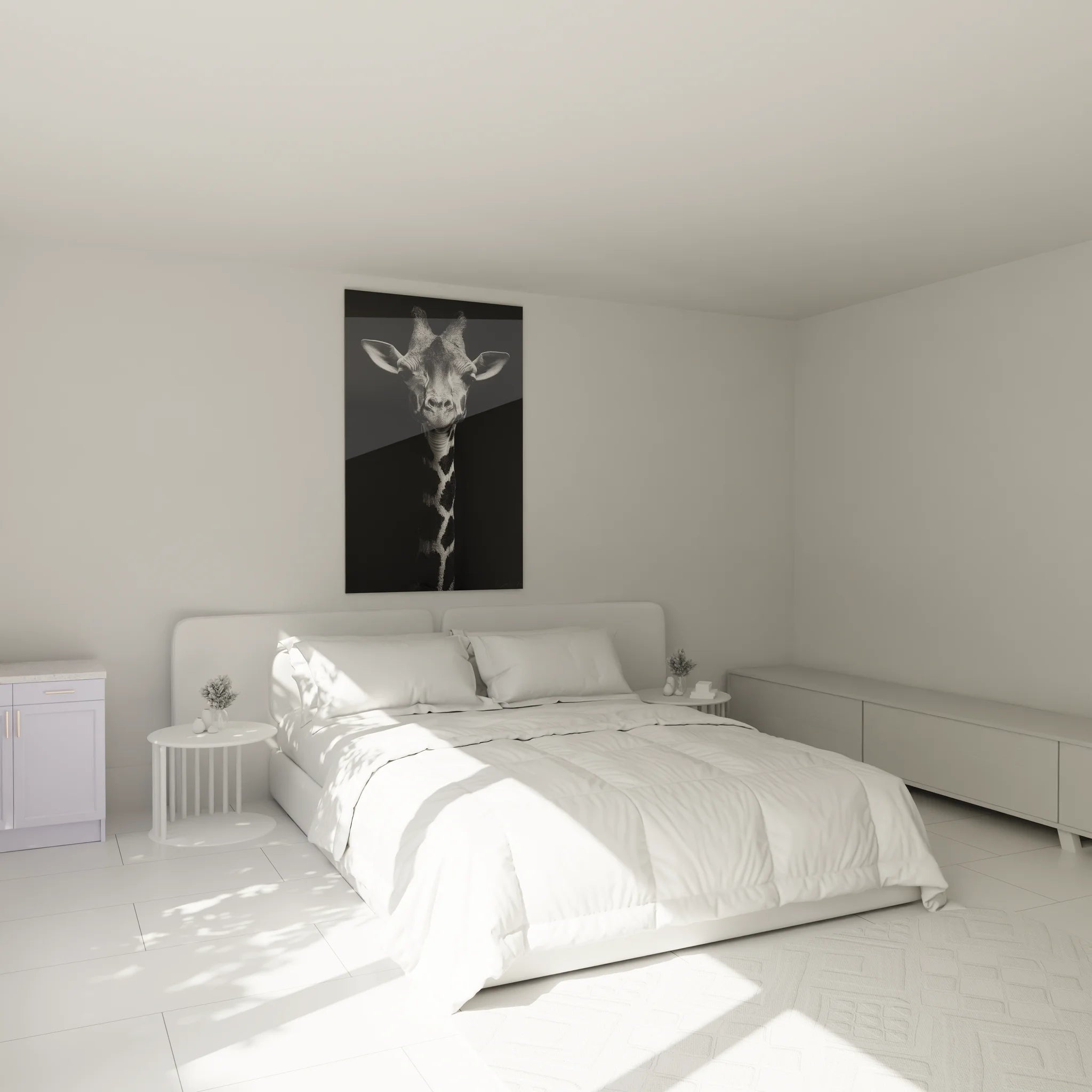Tableau girafe noir et blanc dans chambre moderne décoration murale élégante ambiance safari