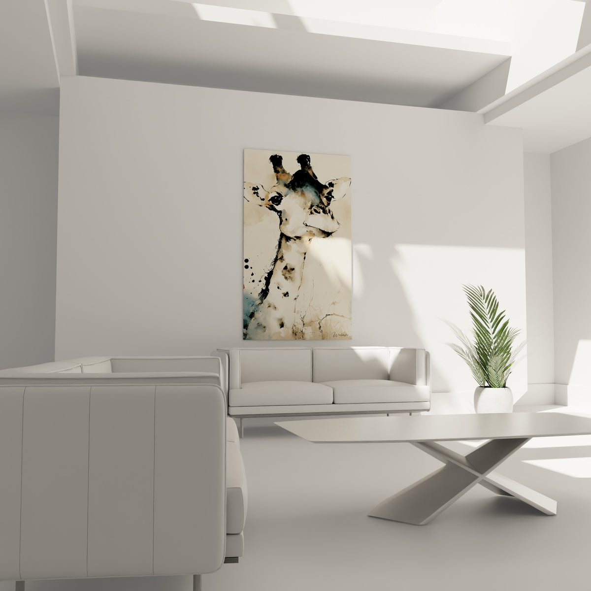 Silhouette animale noire et bleu marine sur fond crème, au-dessus d'un canapé dans un salon lumineux