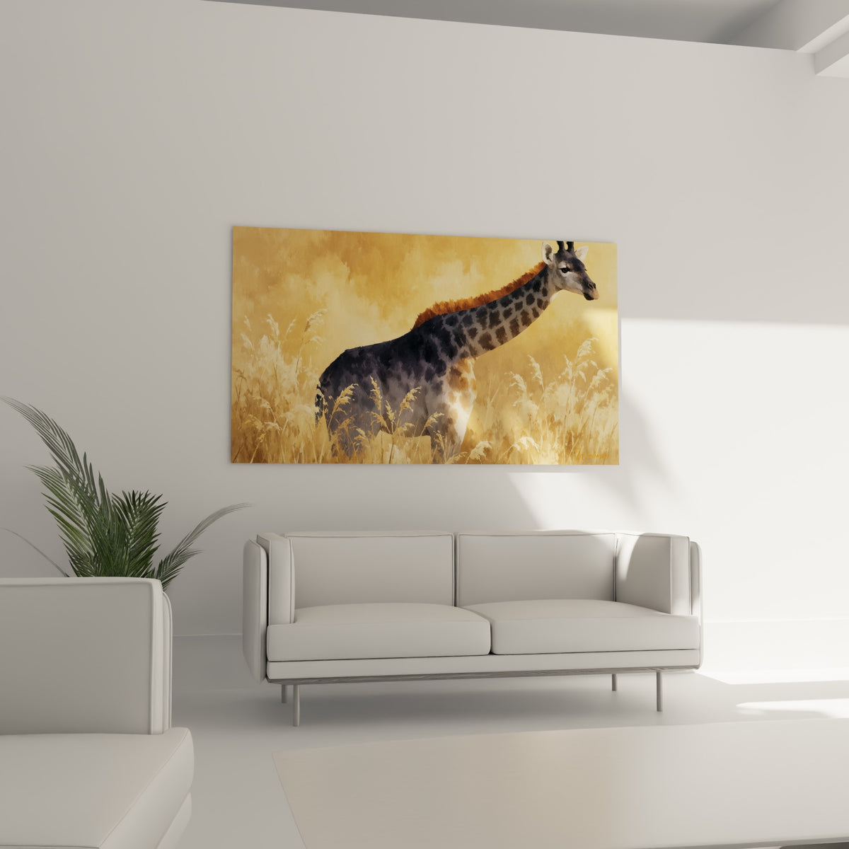 Silhouette de girafe anthracite sur fond doré et herbes sèches, au-dessus d'un canapé dans un salon lumineux.