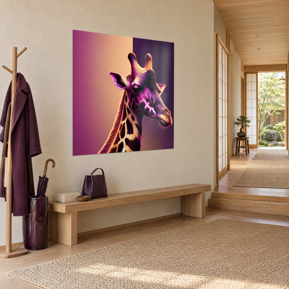 Gemälde Porträt einer violetten Giraffe mit goldenen Ossikonen, Hintergrund in Aprikose und Aubergine, Dreiviertelansicht in einem Japandi-Flur