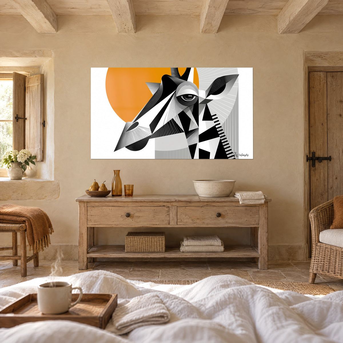 Cuadro jirafa gráfica de ojo redondo y disco naranja, una cómoda de madera clara, sobre una cama en un dormitorio luminoso