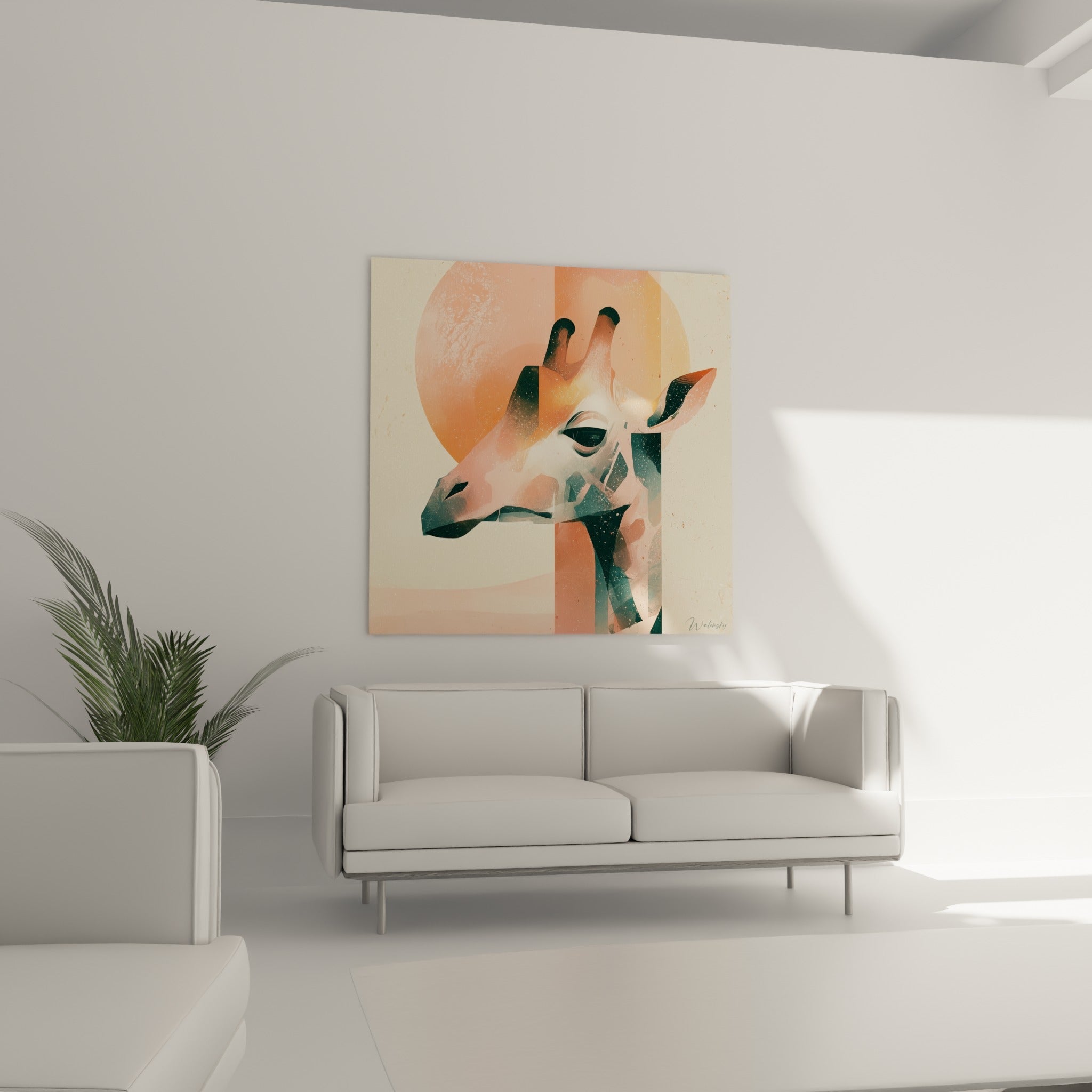 Tête de girafe géométrique orange et sombre, suspendue au-dessus d'un canapé dans un salon lumineux