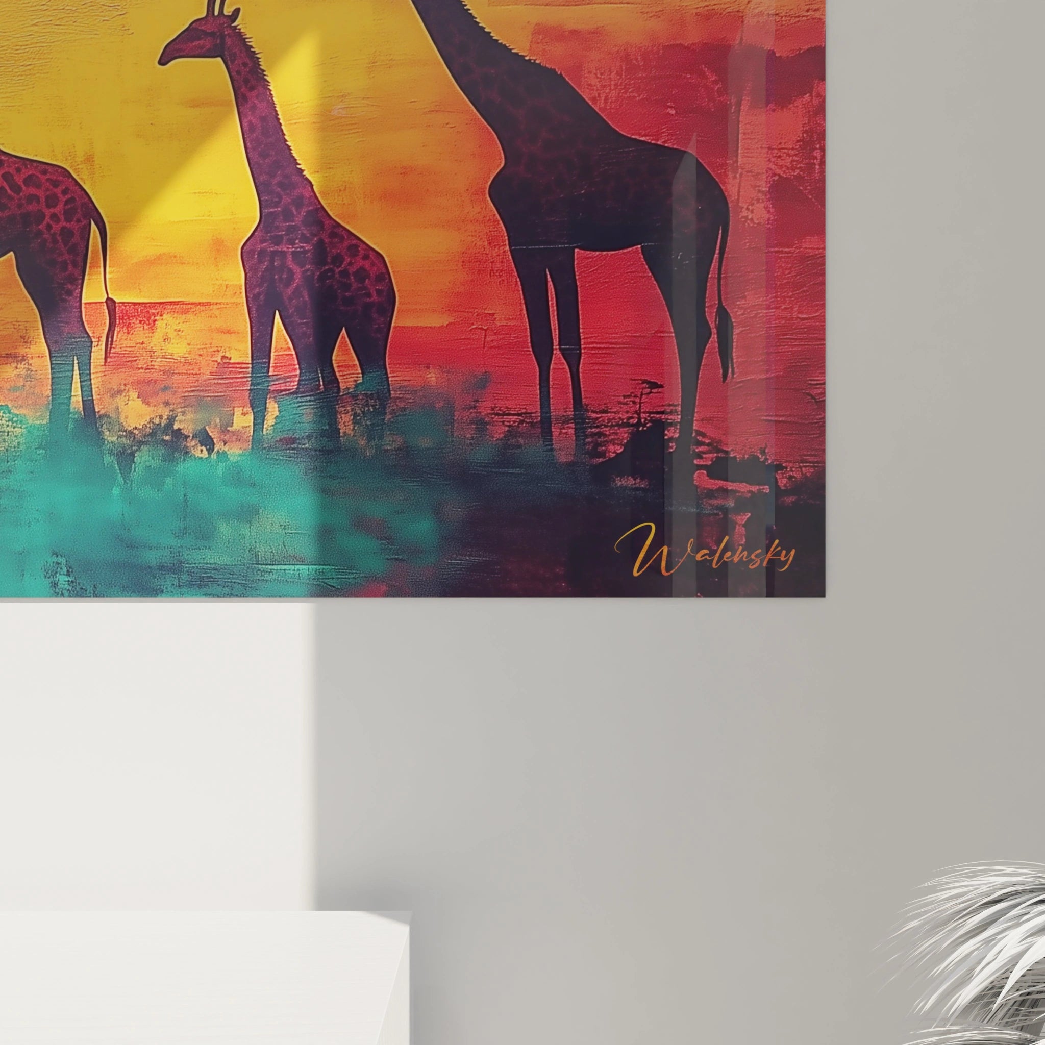 Tableau girafe Walensky avec des silhouettes de girafes contre un fond coloré de coucher de soleil