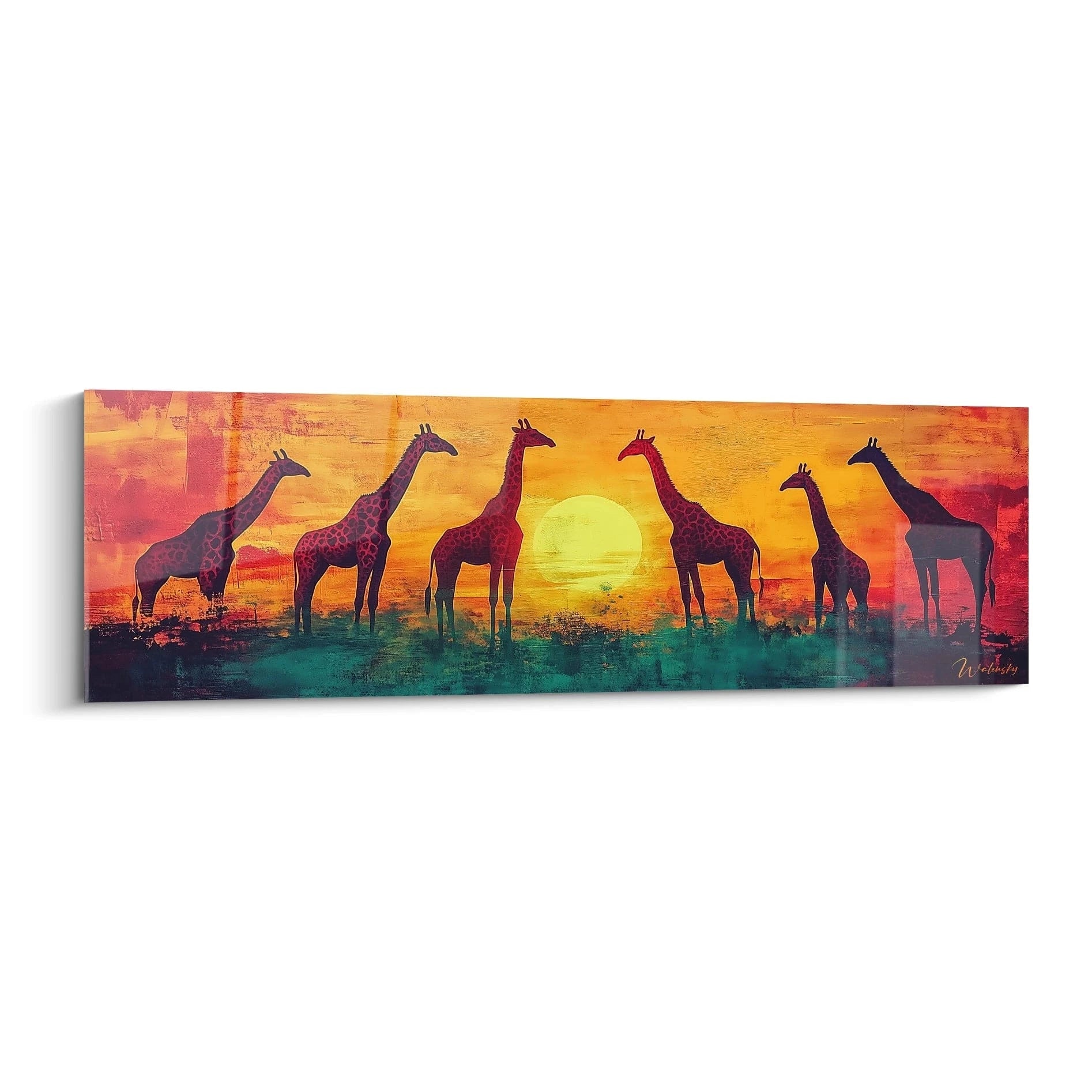 Tableau girafe Walensky avec silhouettes de girafes au coucher de soleil aux couleurs vives