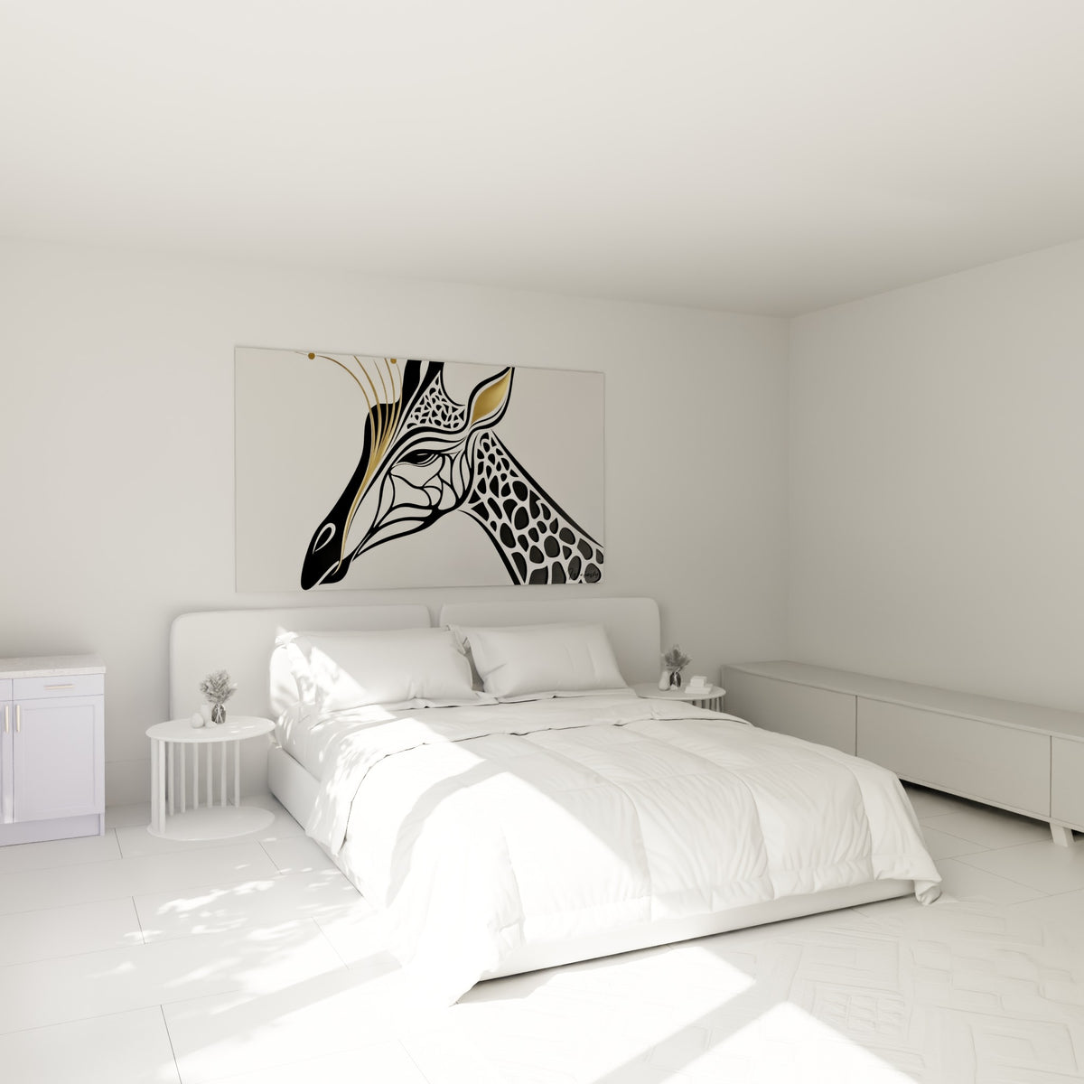 Profil de girafe noir et doré aux lignes fines, accroché au-dessus d'un lit dans une chambre claire