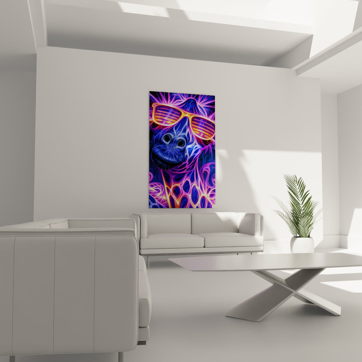 Motifs orange et violet néon ornant la girafe stylisée, au-dessus d'un canapé dans un salon lumineux.