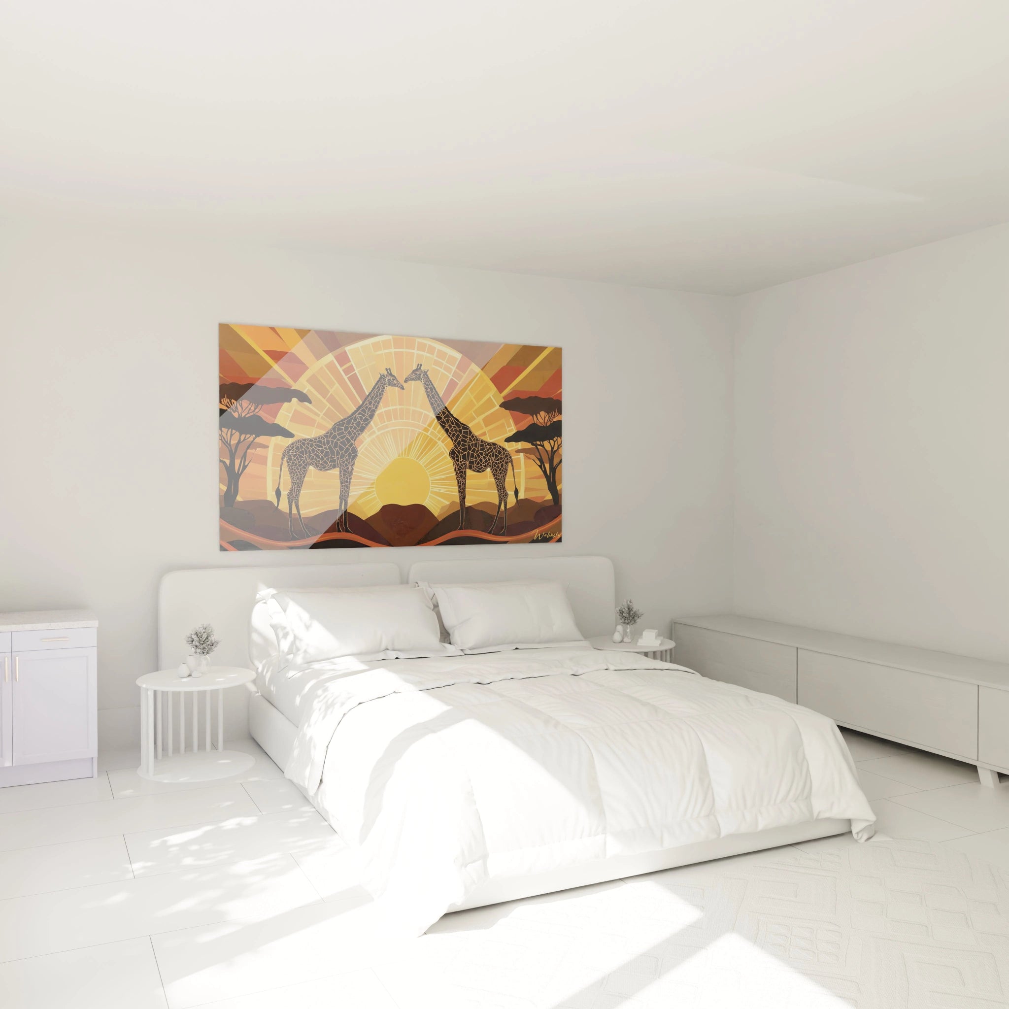 Tableau girafe Walensky avec coucher de soleil aux couleurs vibrantes pour décoration murale moderne