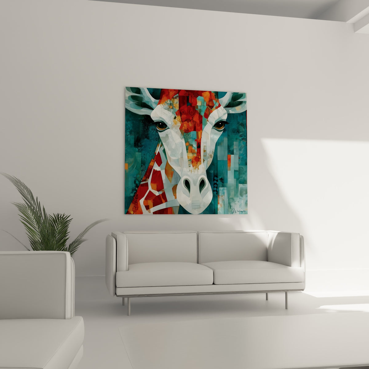 Yeux dorés et fragments rouges de la girafe stylisée, suspendus au-dessus d'un canapé dans un salon lumineux