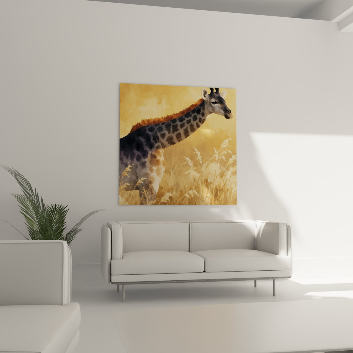 Regard paisible de la girafe aux tons ocre et anthracite, au-dessus d'un canapé dans un salon lumineux