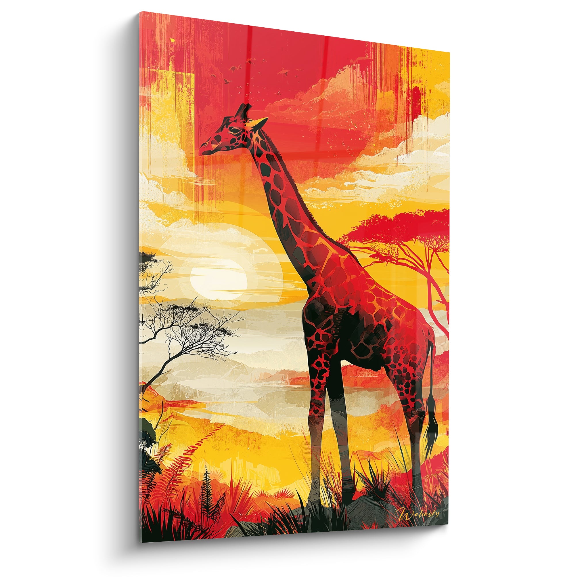 Girafe rouge et noire dressée sous un ciel embrasé de jaune et de rouge, style graphique intense