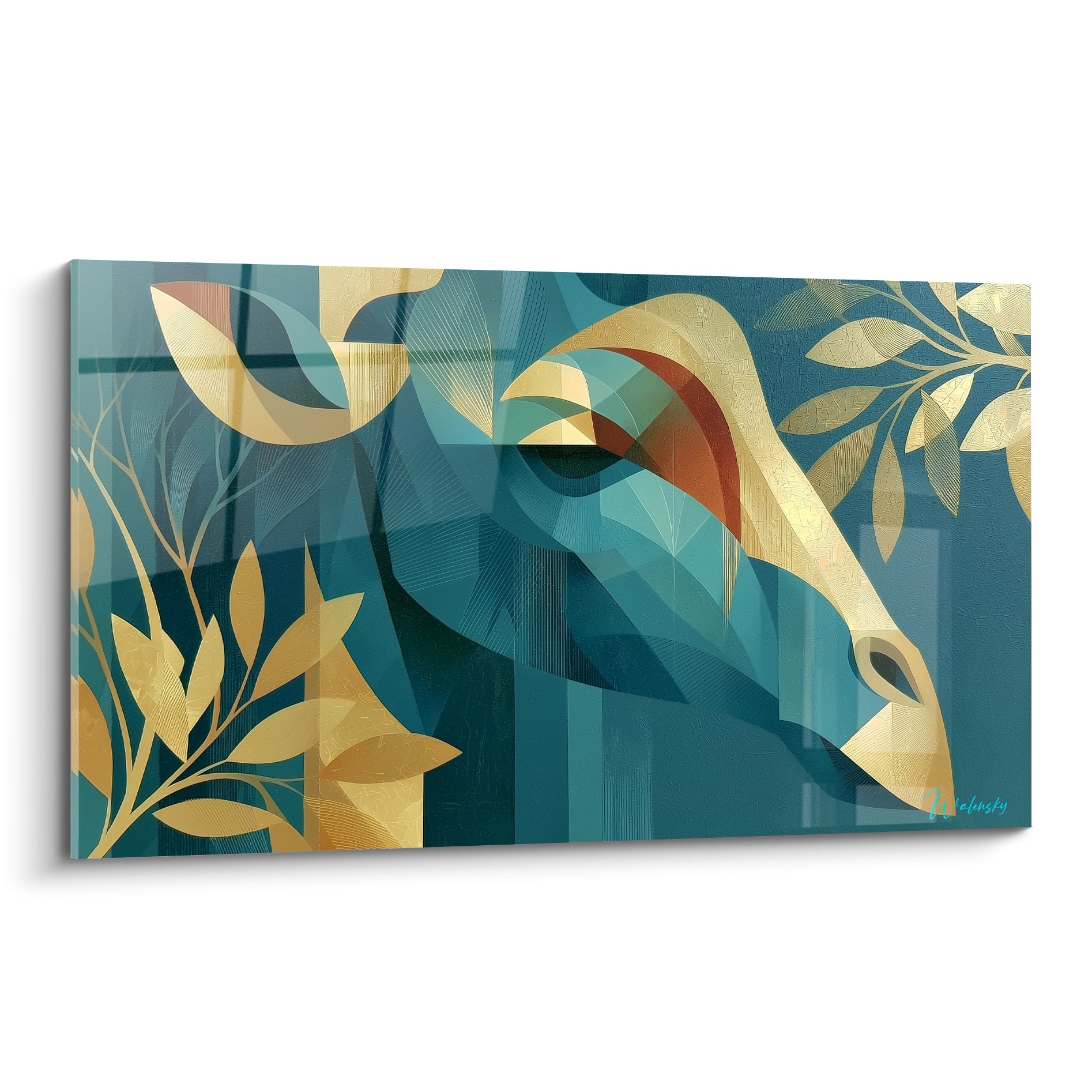 Girafe stylisée bleu sarcelle et dorée, feuillages graphiques, composition géométrique intense