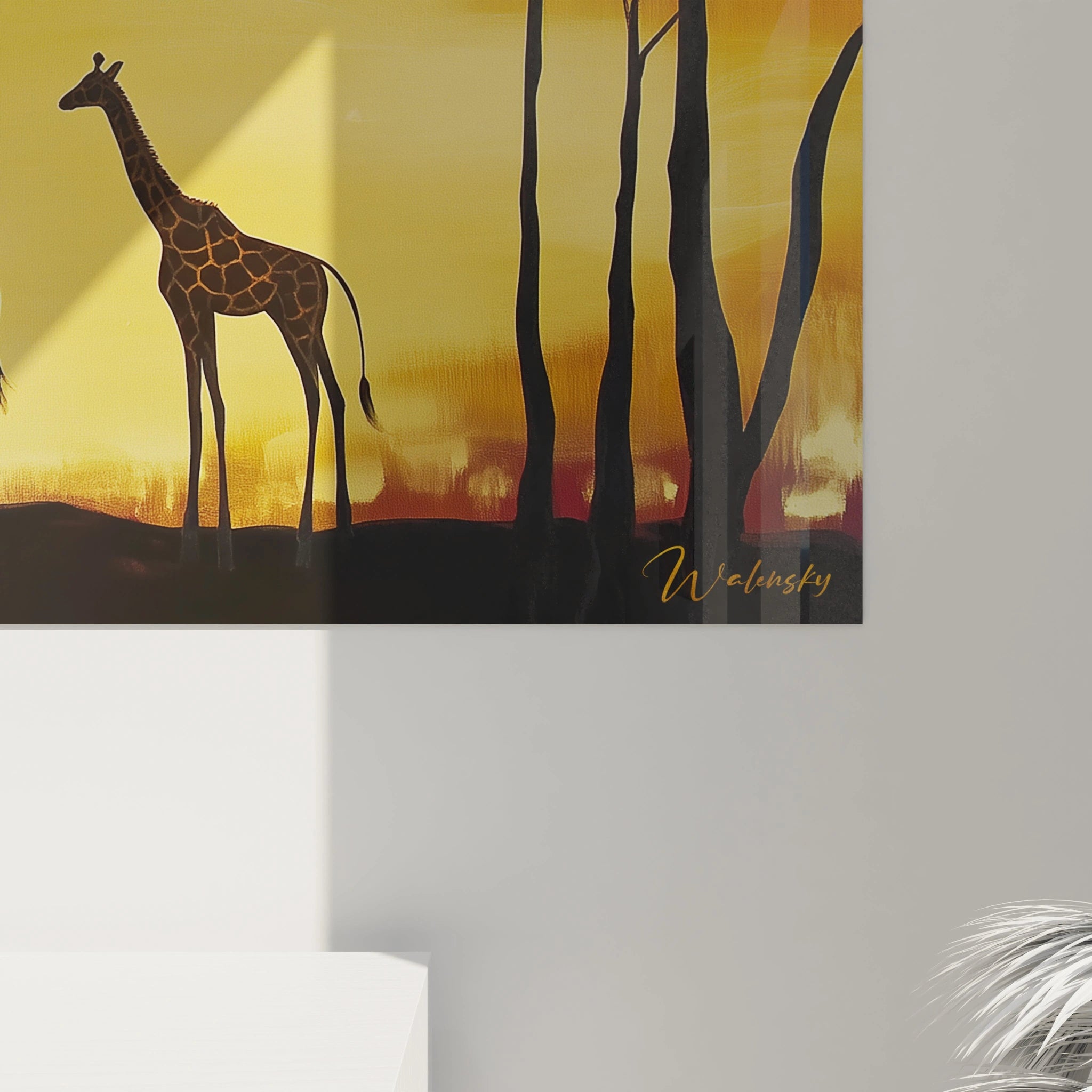 Tableau girafe de Walensky représentant une girafe dans un paysage coloré au coucher de soleil