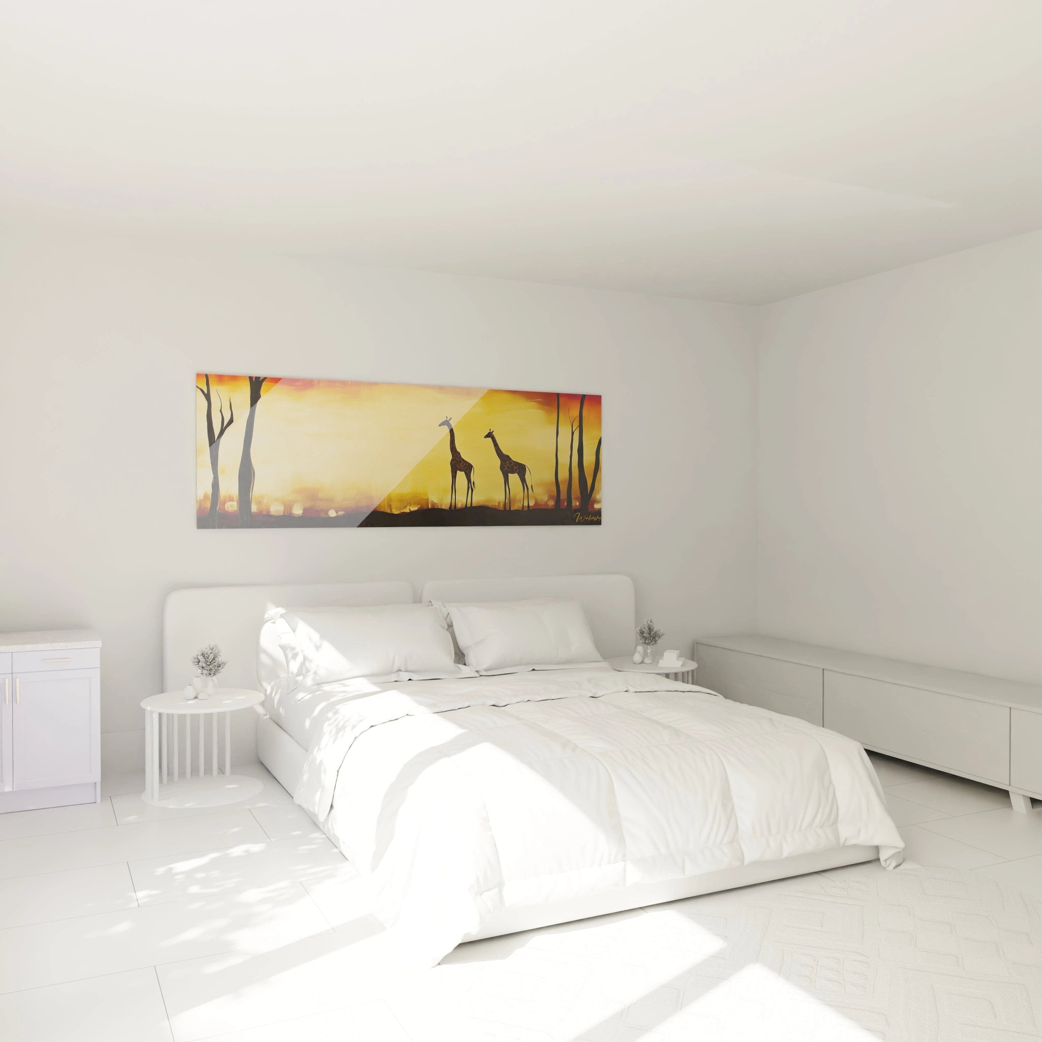 Tableau girafe Walensky avec silhouettes de girafes sur fond orangé pour décoration de chambre