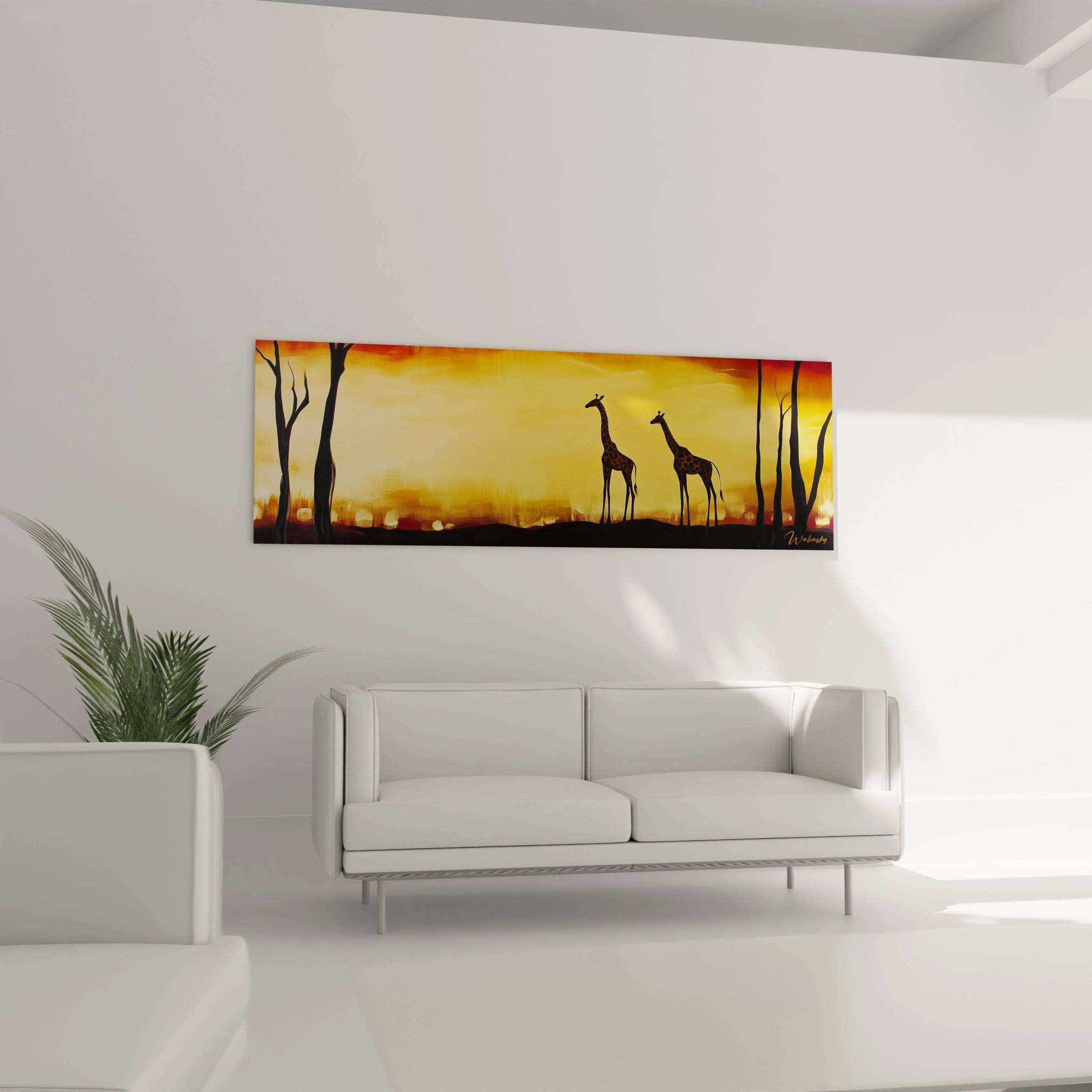 Tableau girafe de Walensky avec silhouettes de girafes sur fond jaune orangé