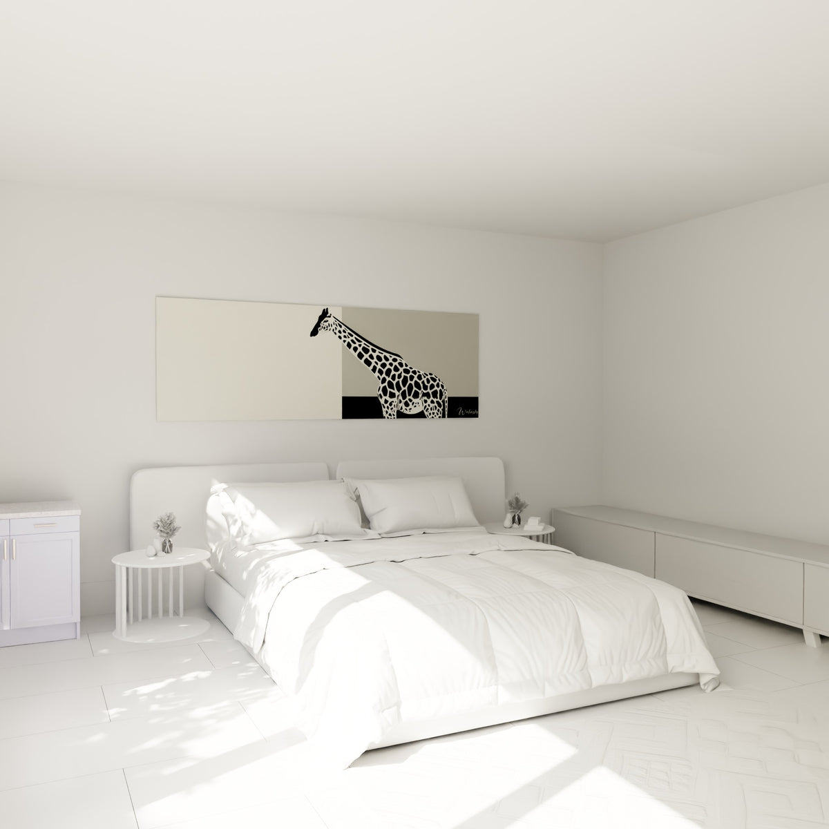 Silhouette de girafe en aplats noir et gris avançant vers la gauche, au-dessus d'un lit dans une chambre claire