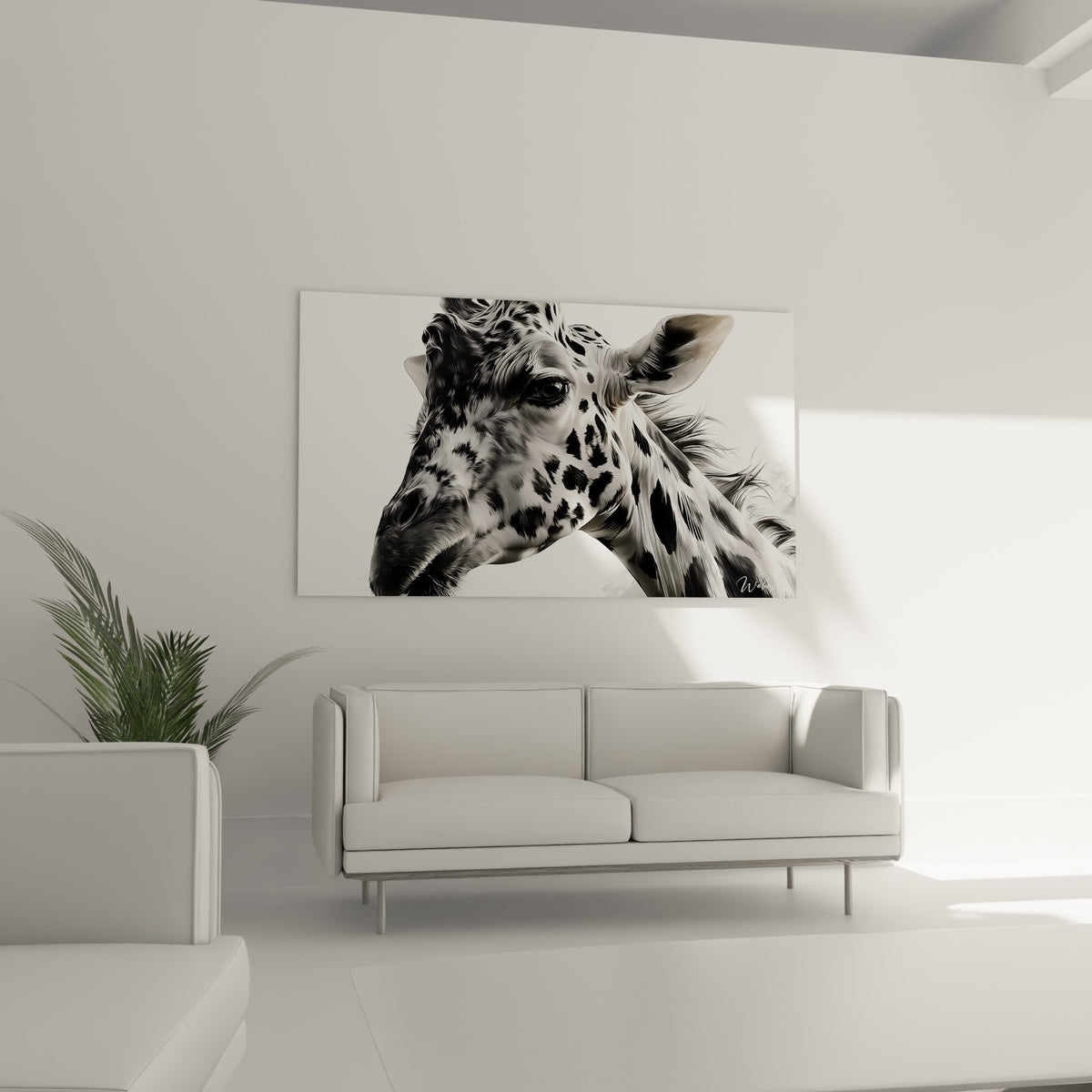 Tête de girafe noire et blanche aux motifs contrastés, au-dessus d'un canapé dans un salon lumineux