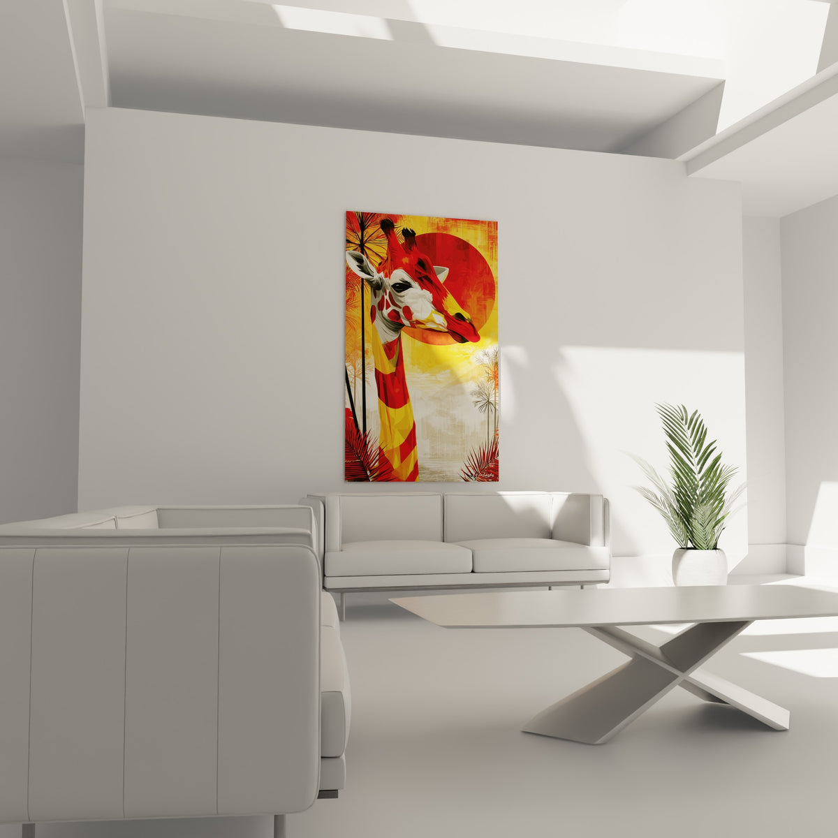 Portrait de girafe stylisé aux tons jaune moutarde et rouge terracotta au-dessus d'un canapé dans un salon lumineux