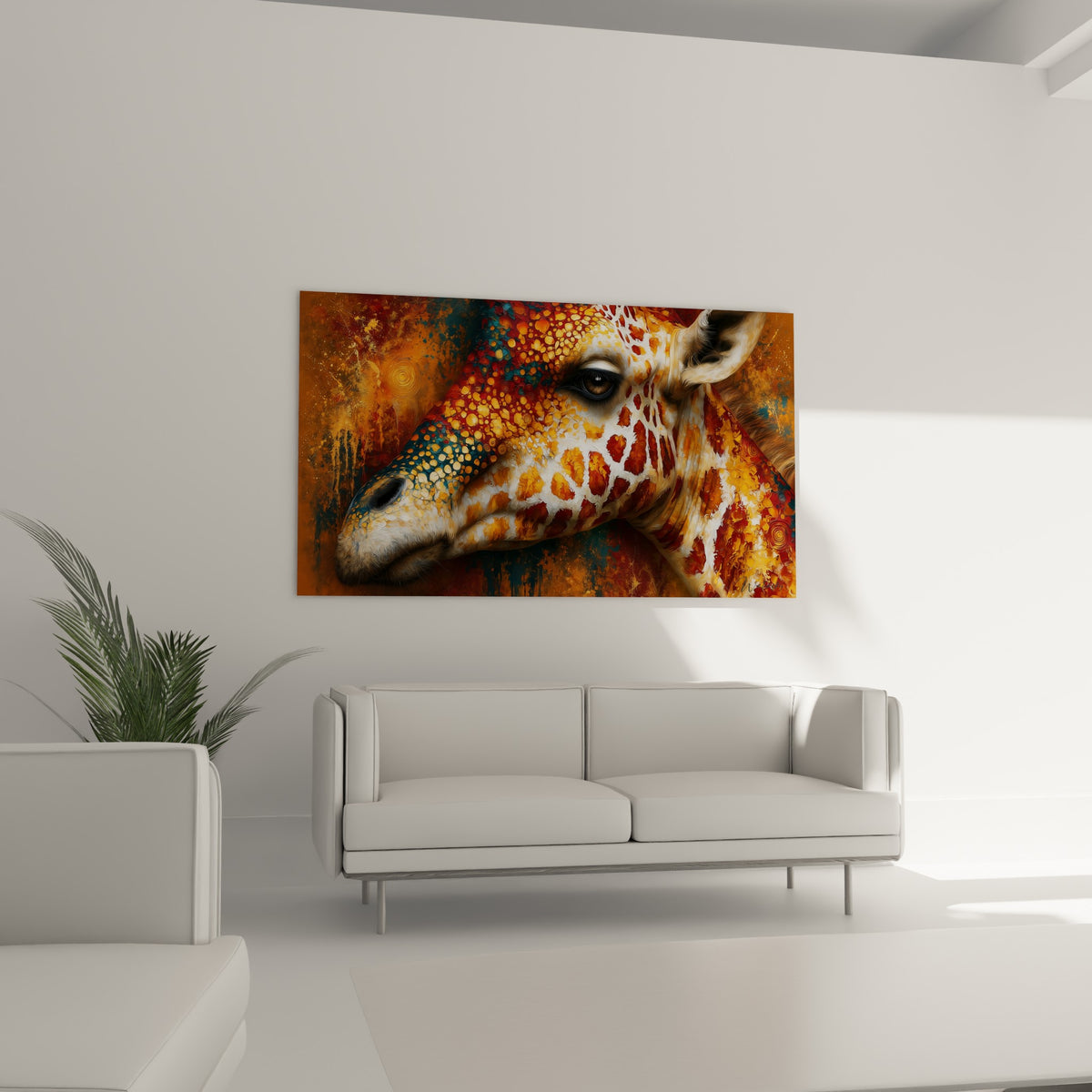Tête de girafe dorée et bleu pétrole, expression douce, au-dessus d'un canapé dans un salon lumineux