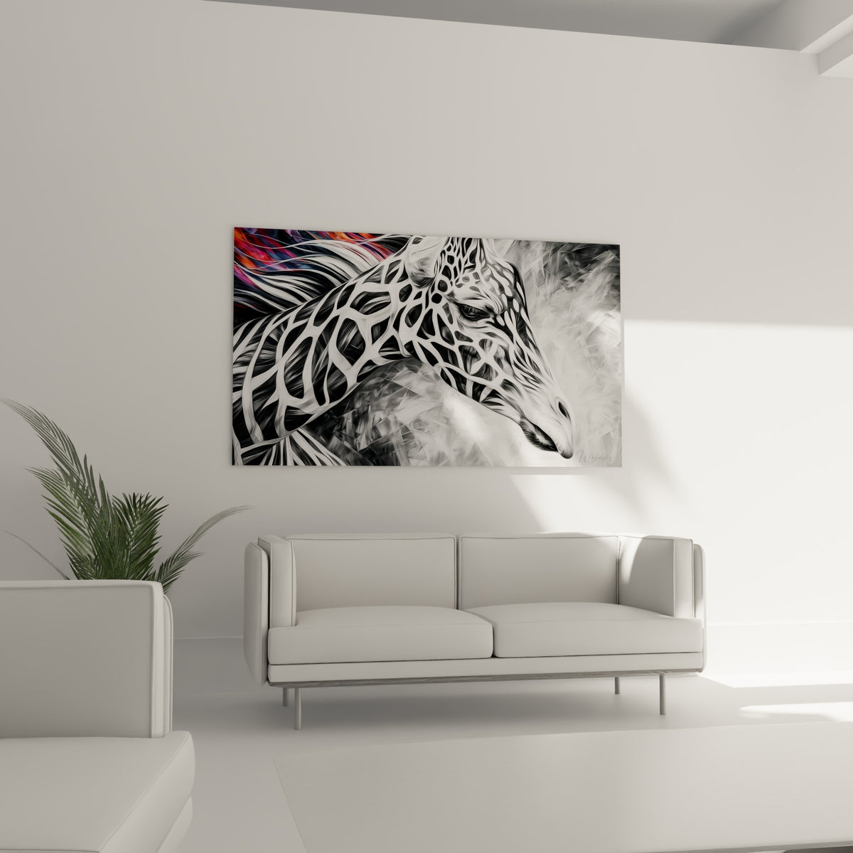 Silhouette de girafe texturée en gris anthracite et blanc, suspendue au-dessus d'un canapé dans un salon lumineux