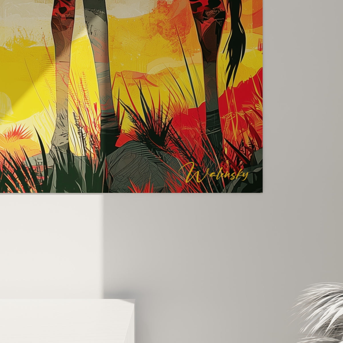 Détail des coulures rouge et jaune sur la robe tachetée de la girafe, matière picturale texturée