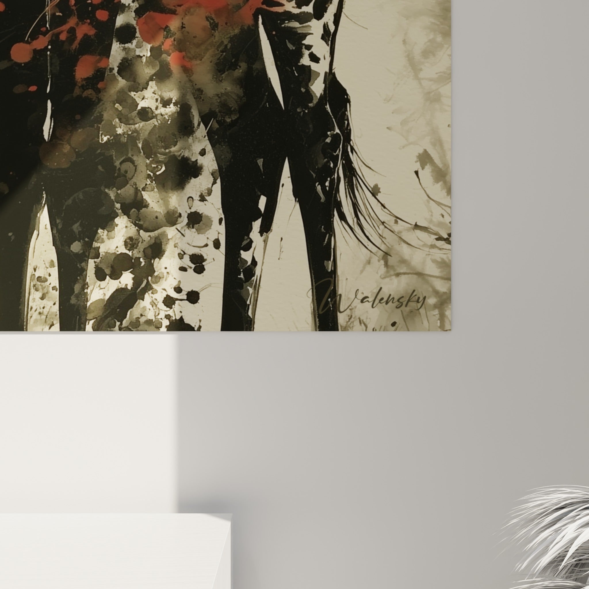 Empâtements rouge et doré se mêlant au trait noir encré sur la toile de la girafe