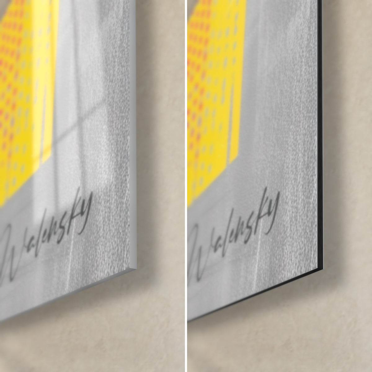 Schilderij roze en gele giraf, rechtsonder: grijze Walensky handtekening, glanzend acrylglas en mat Dibond aluminium, rand van 3 mm