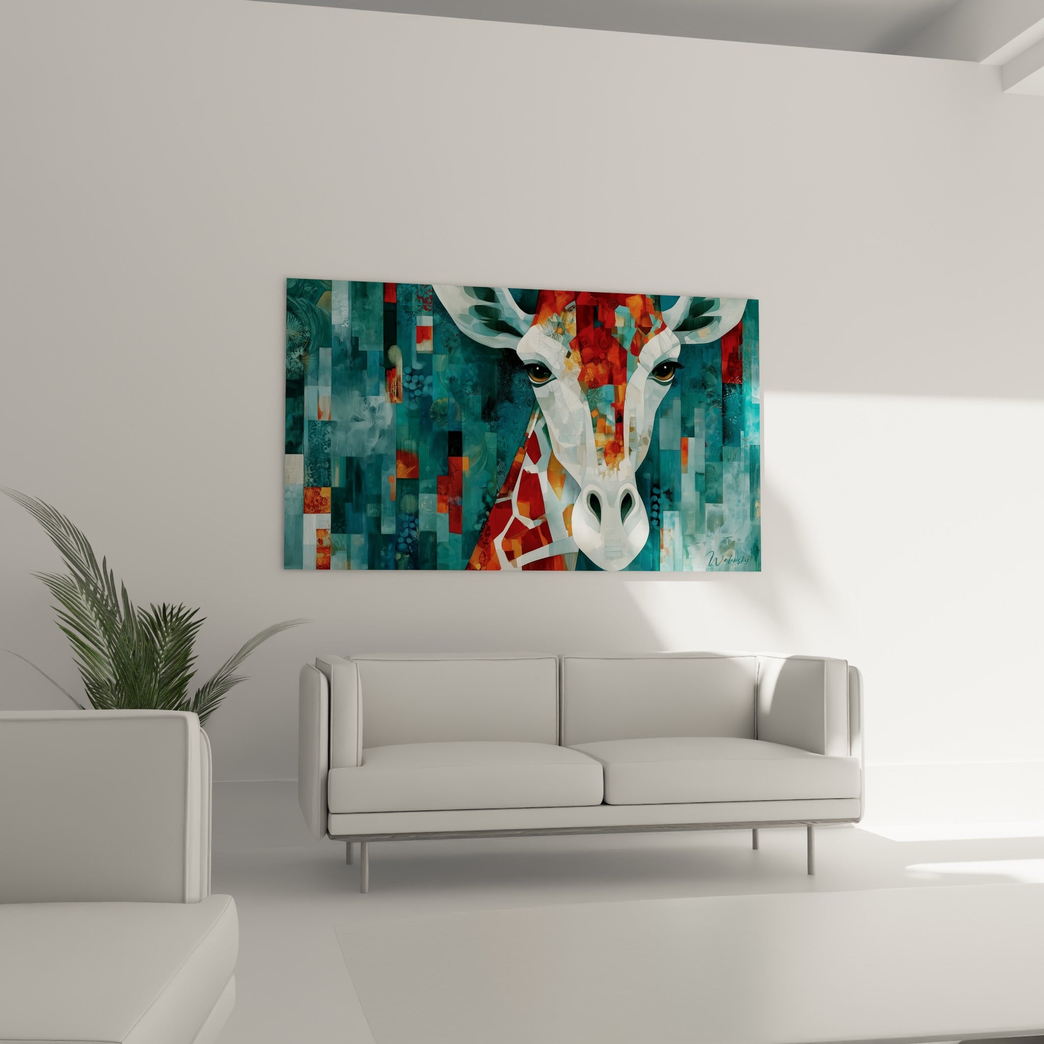 Portrait de girafe fragmenté en bleu turquoise et orange safran, au-dessus d'un canapé dans un salon lumineux