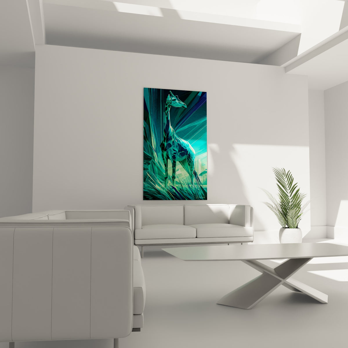 Tête de girafe stylisée aux tons bleu marine et turquoise éclatant au-dessus d'un canapé dans un salon lumineux