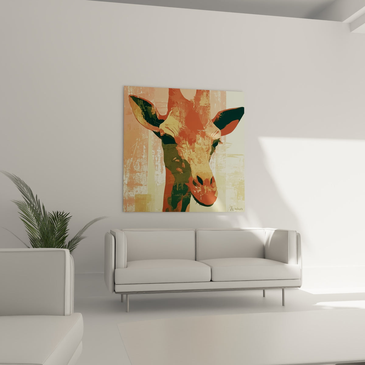 Visage de girafe en tons terracotta et kaki, traits graphiques marqués, au-dessus d'un canapé dans un salon lumineux