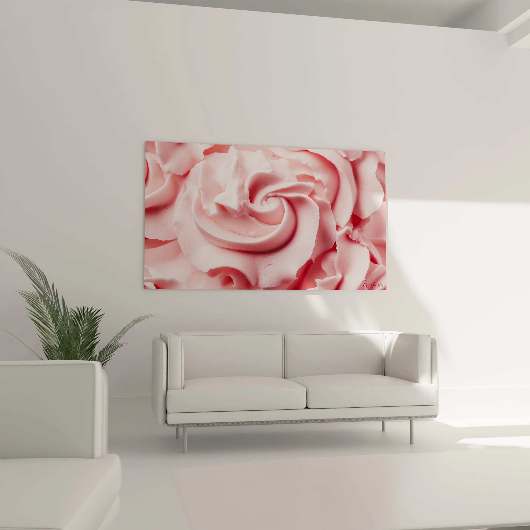 Un tableau glace illustrant une composition abstraite aux nuances de rose poudré et blanc, avec des effets de matière onctueuse, des reliefs doux et des courbes harmonieuses évoquant un mouvement fluide.