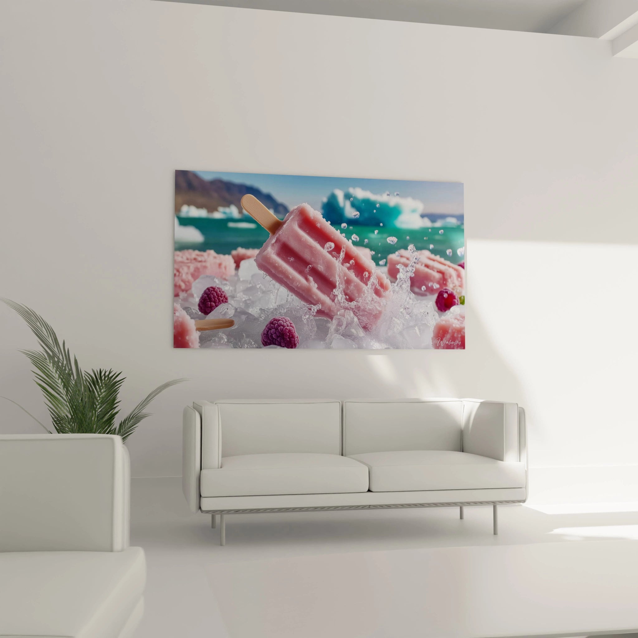 Walensky tableau mural art givré représentant sucettes glacées roses sur glace et fruits pour salon moderne