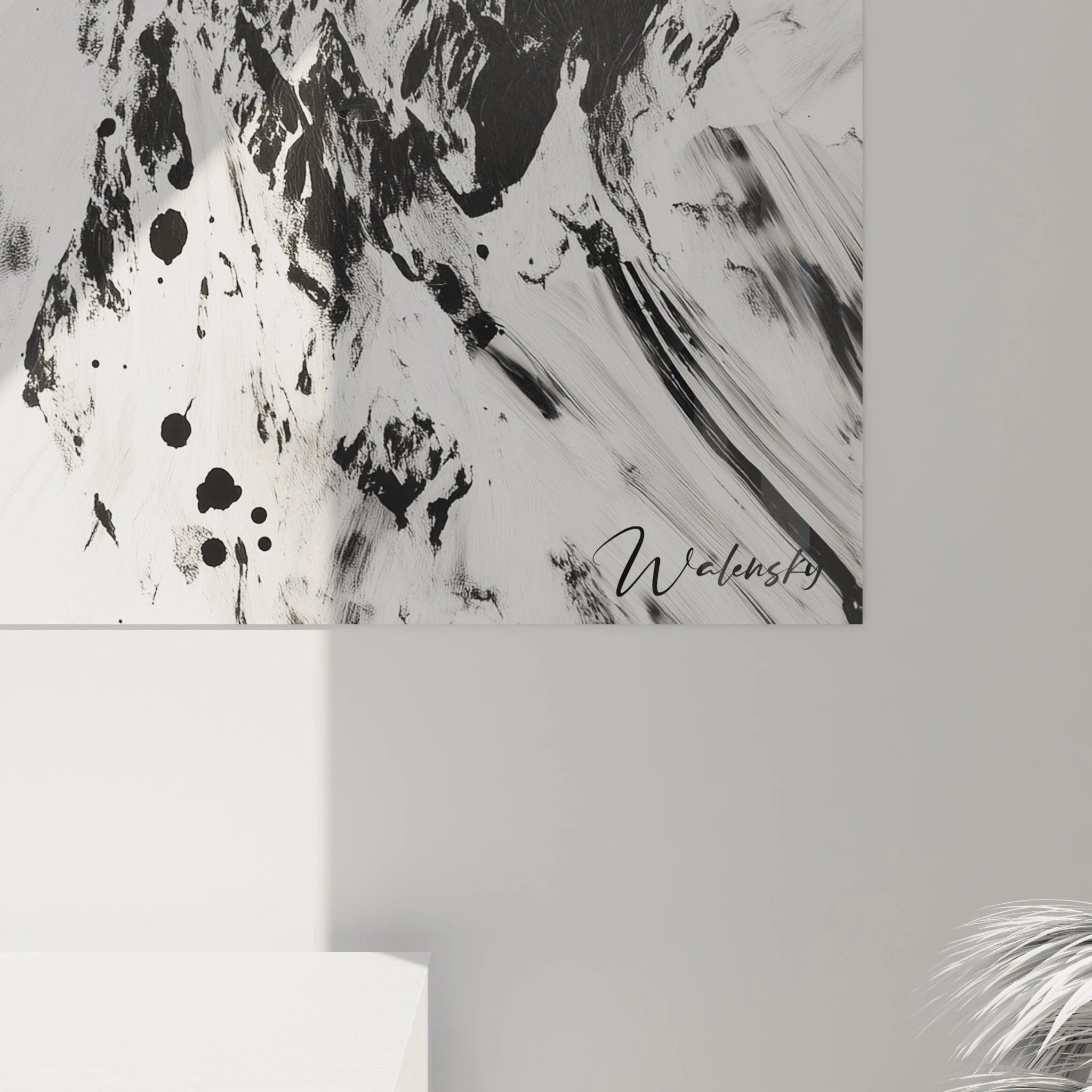 Tableau tacheté noir et blanc de Walensky, une œuvre moderne avec des détails éclaboussés