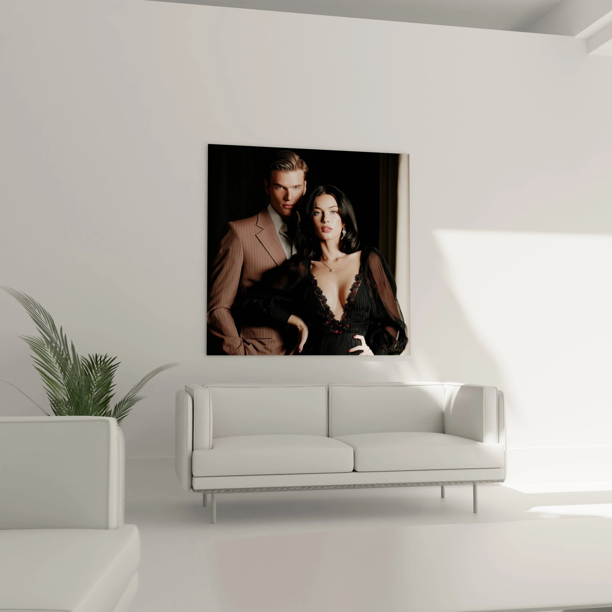 Tableau glamour couple moderne de Walensky accroché au mur dans un salon contemporain