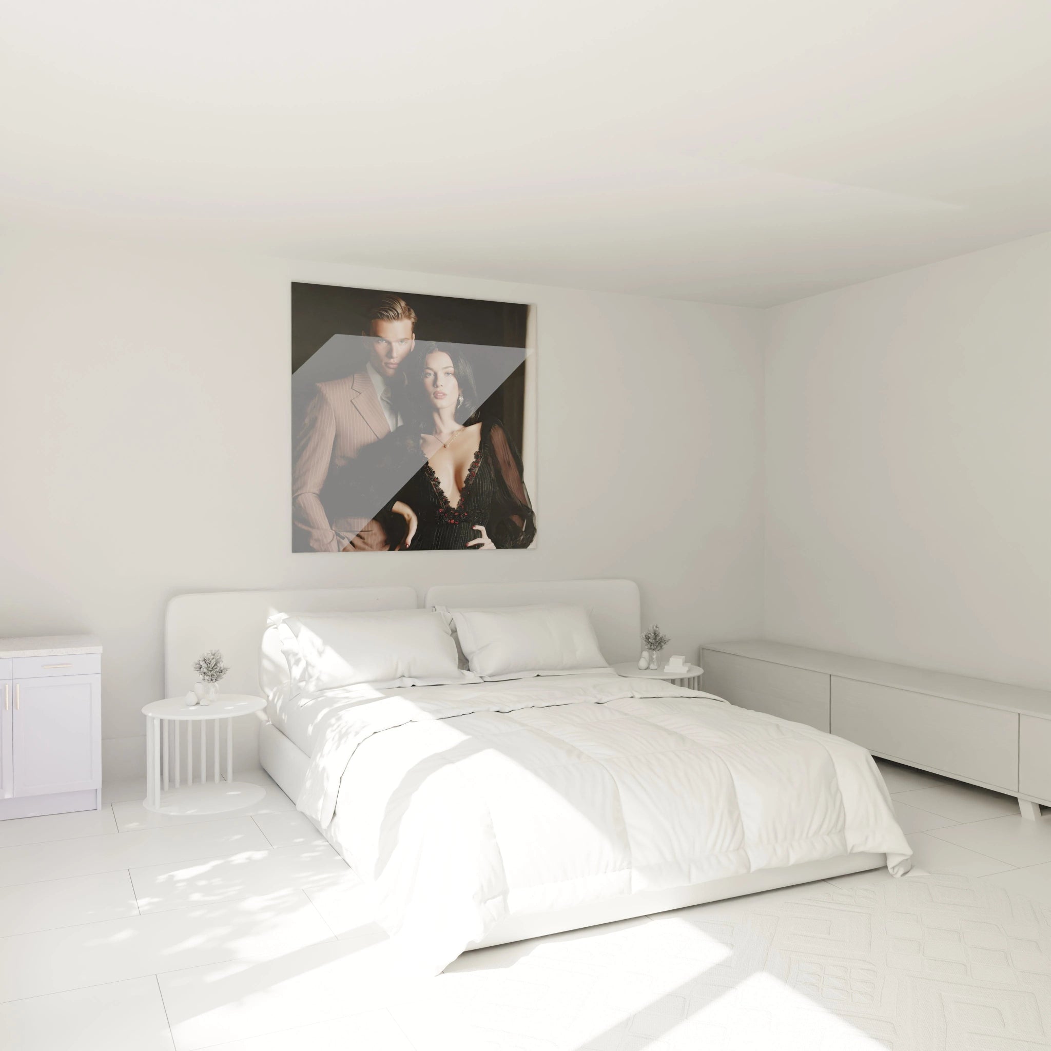 Tableau glamour couple moderne de Walensky accroché au mur dans une chambre lumineuse et minimaliste
