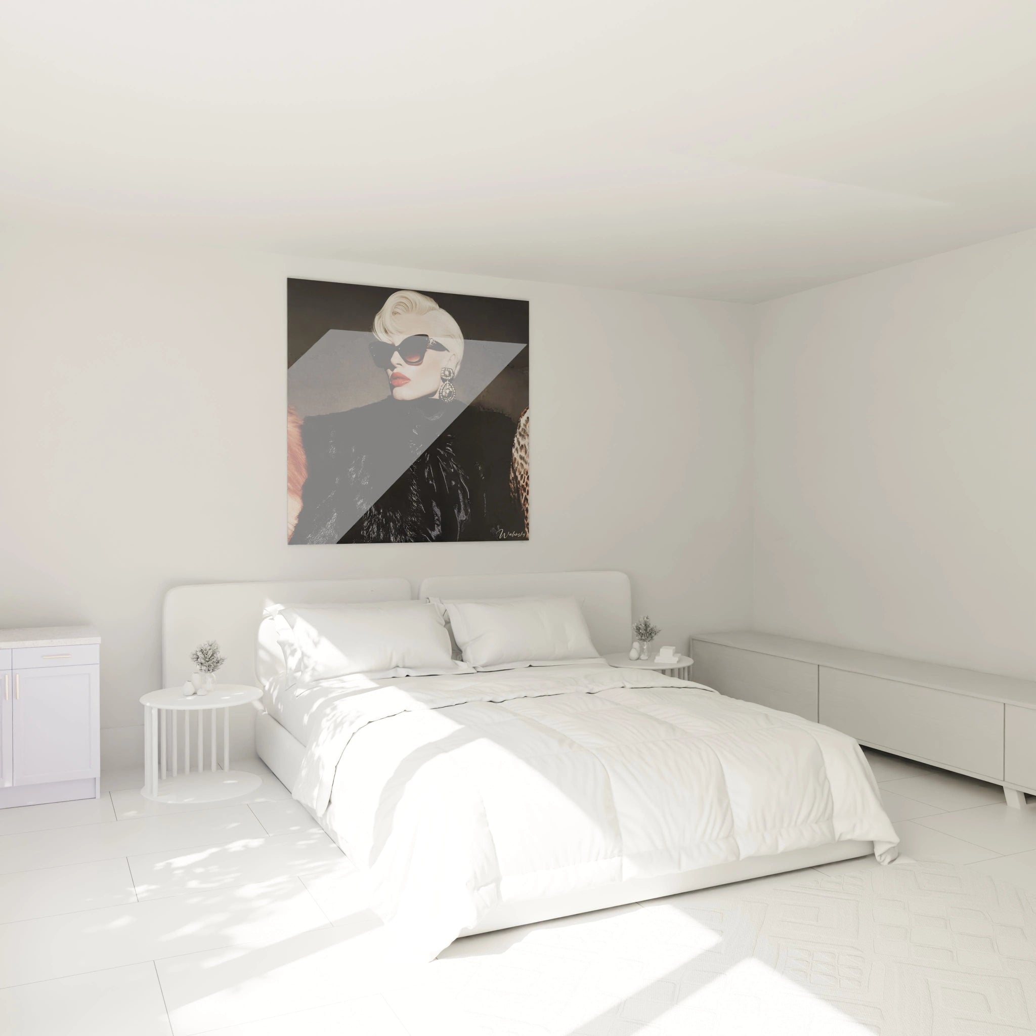 Tableau glamour noir de Walensky dans une chambre moderne avec un lit blanc et des meubles minimalistes